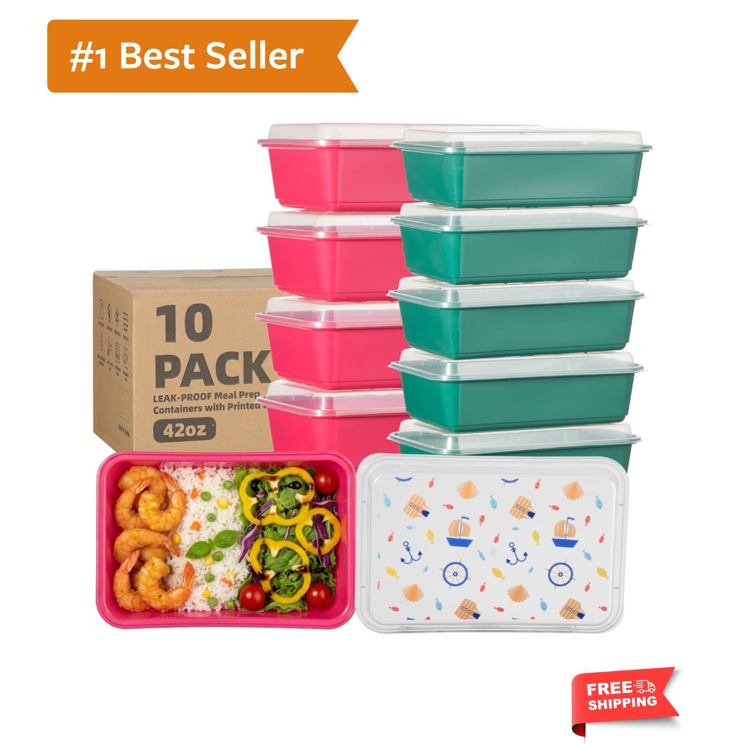 Stackable 10 Pack 42 oz Containers with Fun Fruit Prints – Meal Prep Essentials