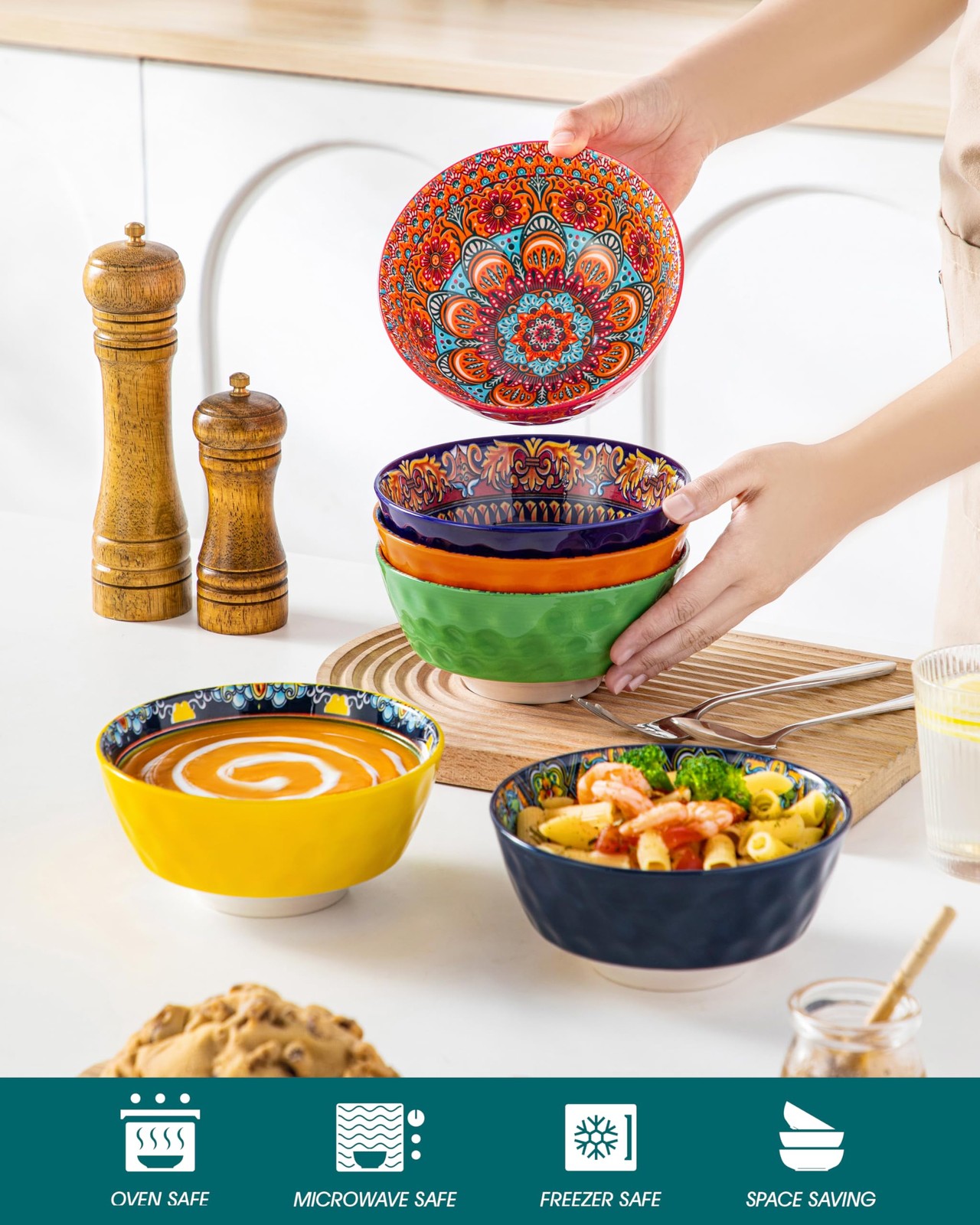 Boho Cereal Bowls Set of 6, 26 oz Ceramic Soup Bowls with Colorful Bohemian P…