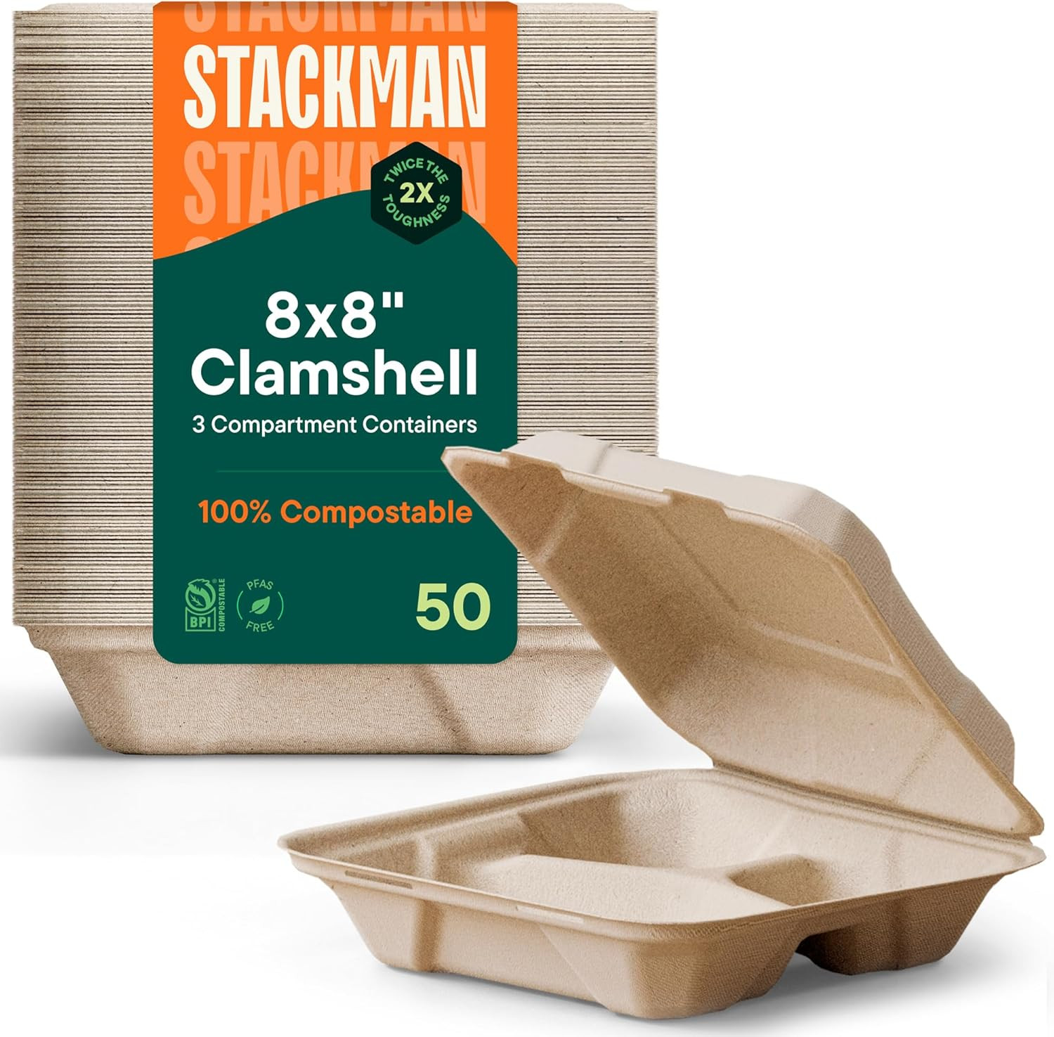 100% Compostable Clamshell Take Out Food Containers [8X8″ 3-Compartment 50-Pack]