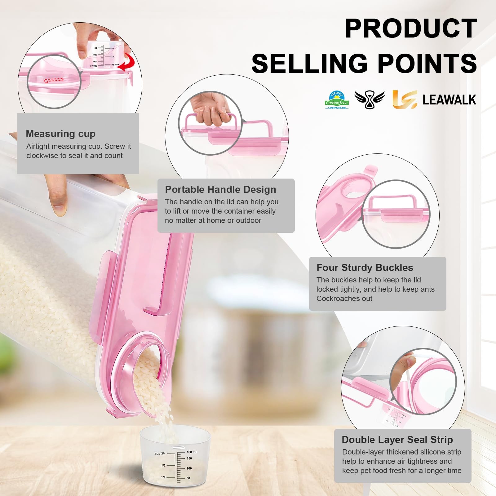 LEAWALK Airtight 10LBS Rice/Cereal/Dry Food 5.28Qt-1pack, Clear Pink-5L
