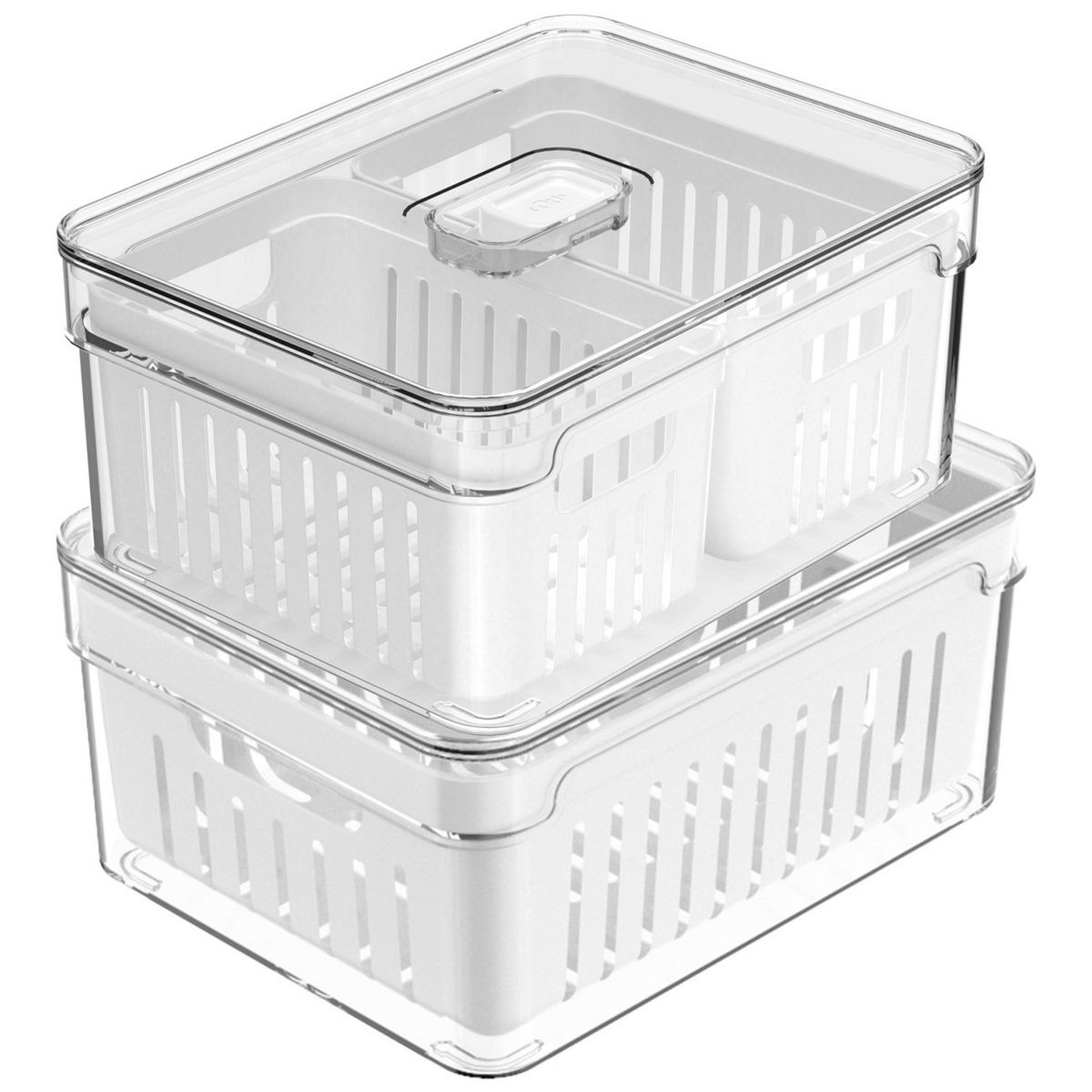 Fridge Organizer Bins with Drain Baskets & Vented Lids, Clear Stackable