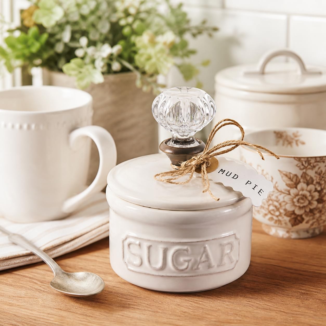 Mud Pie Door Knob Sugar Bowl, White 5.85H X 6.7L X X 6.35W,