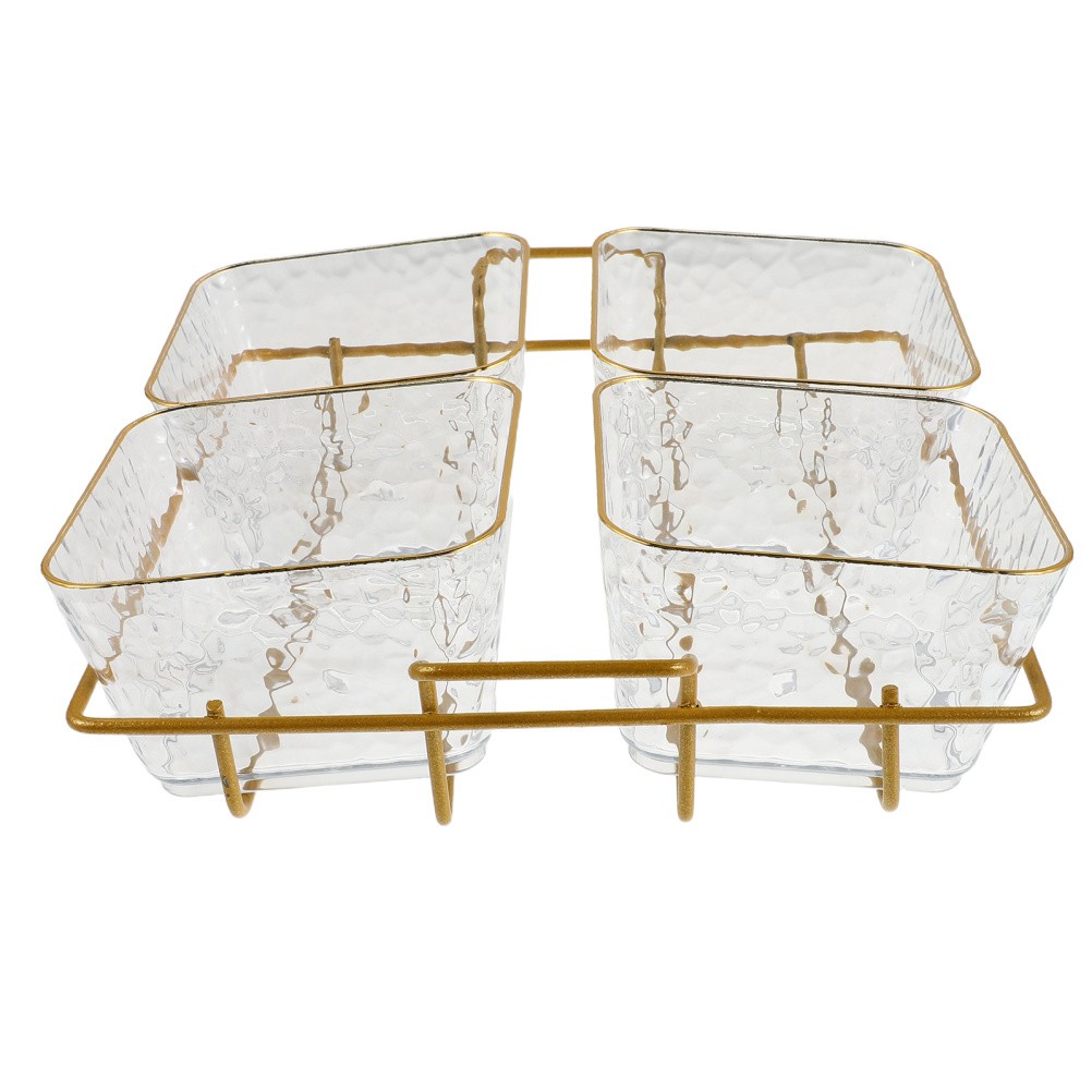 Four Compartment Clear Acrylic Snack Tray Bowl With Metal Rack For Serving
