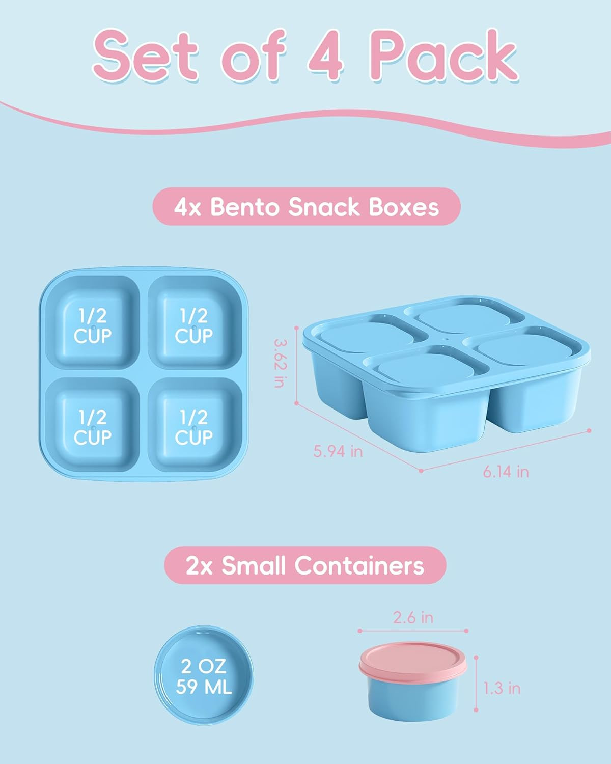 4 Pcs Snack Box Containers Set, Reusable 4 Compartment Lunchable Container with
