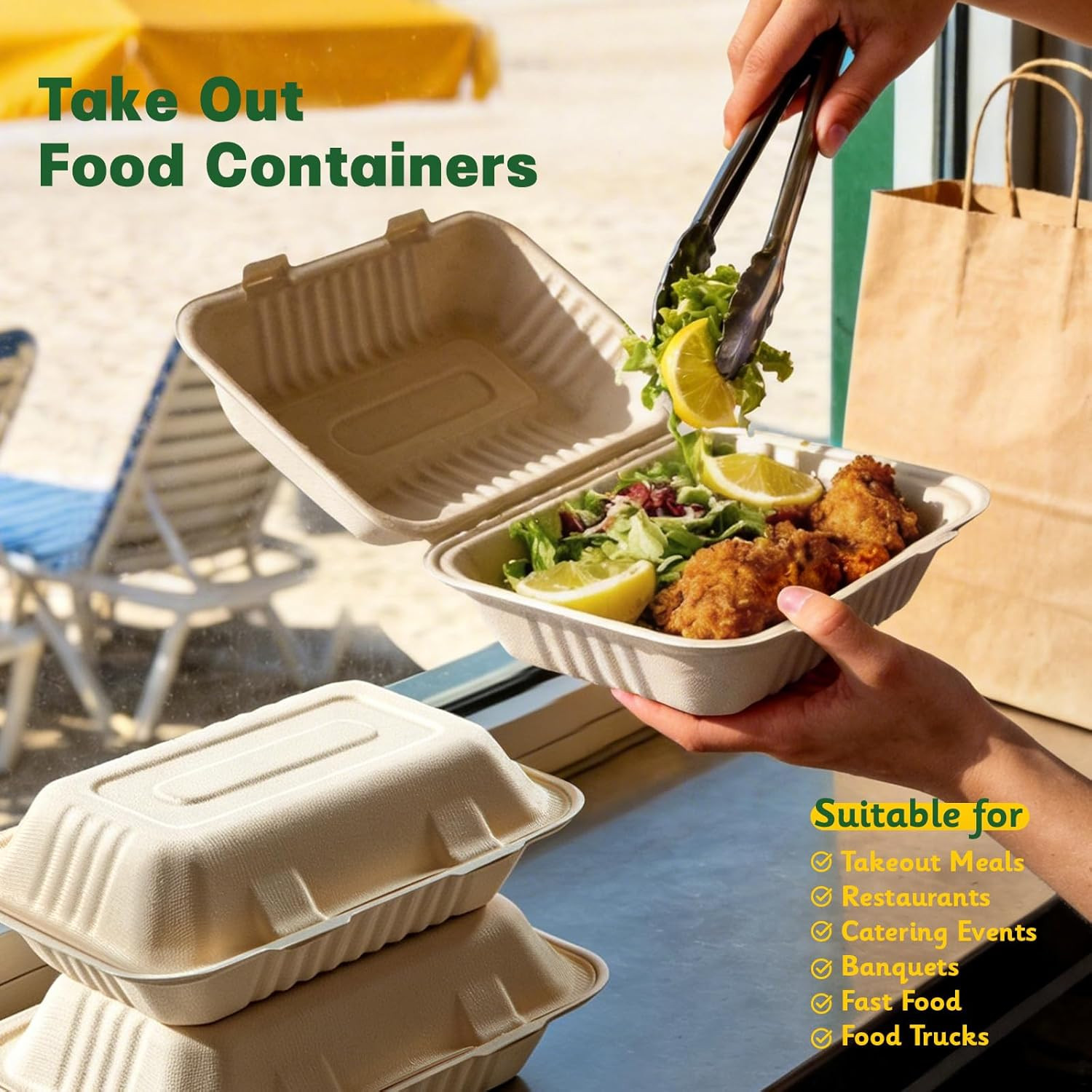 100 Pack Compostable to Go Food Containers 9×6″ | Disposable Clamshell Take Out