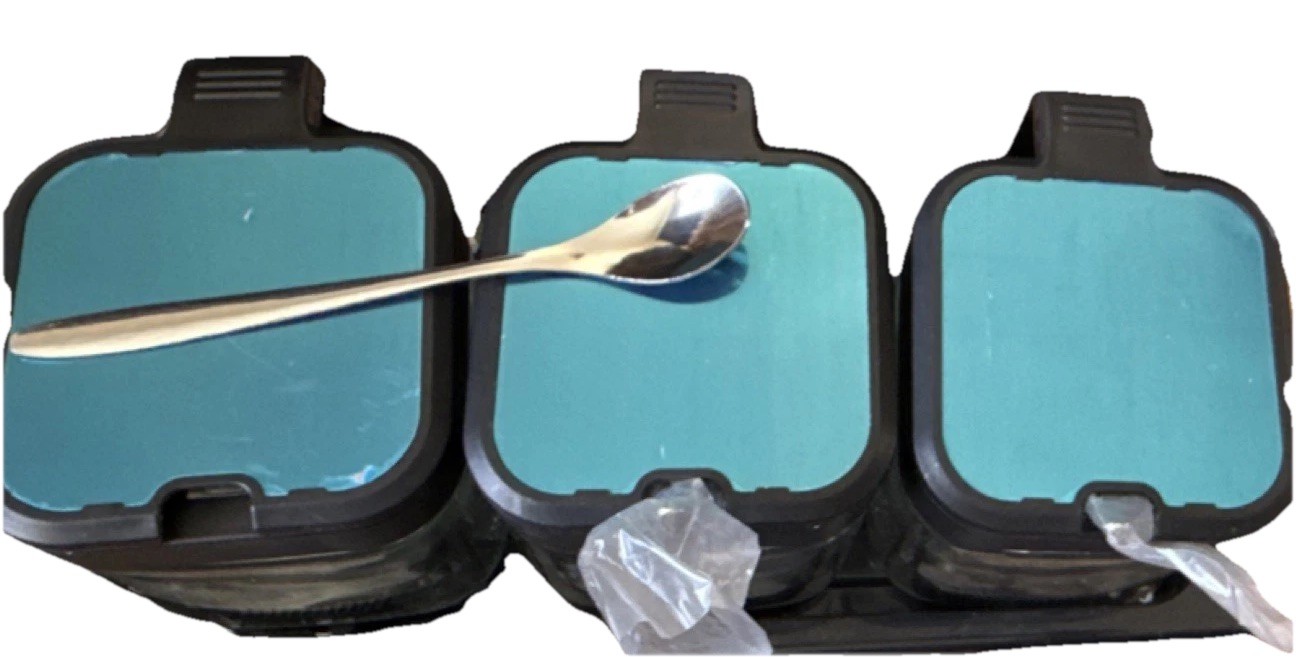 3-Piece Square Plastic Food Storage Container Set with Blue Snap Lids and Tray