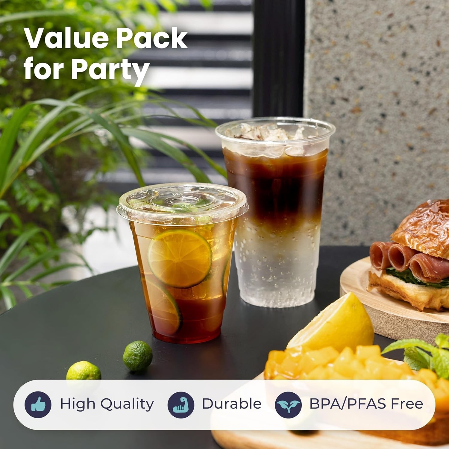 100 Pack 24 oz Clear Plastic Cups with Flat Lids, Disposable Iced Coffee Cups…
