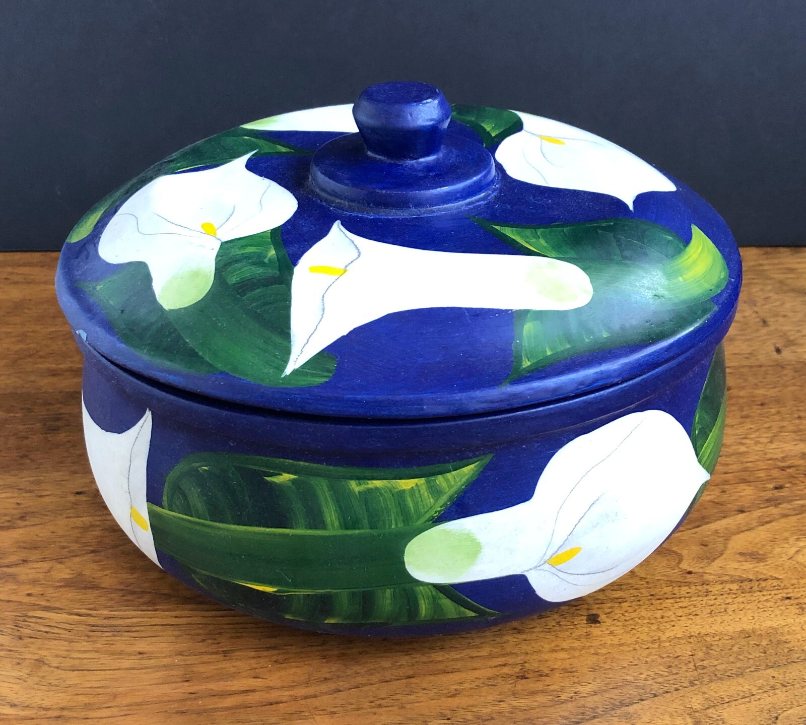 Folk Art Blue Calla Lily Tortilla Bowl + Lid Wood Mexico Handmade Signed 8″ C75