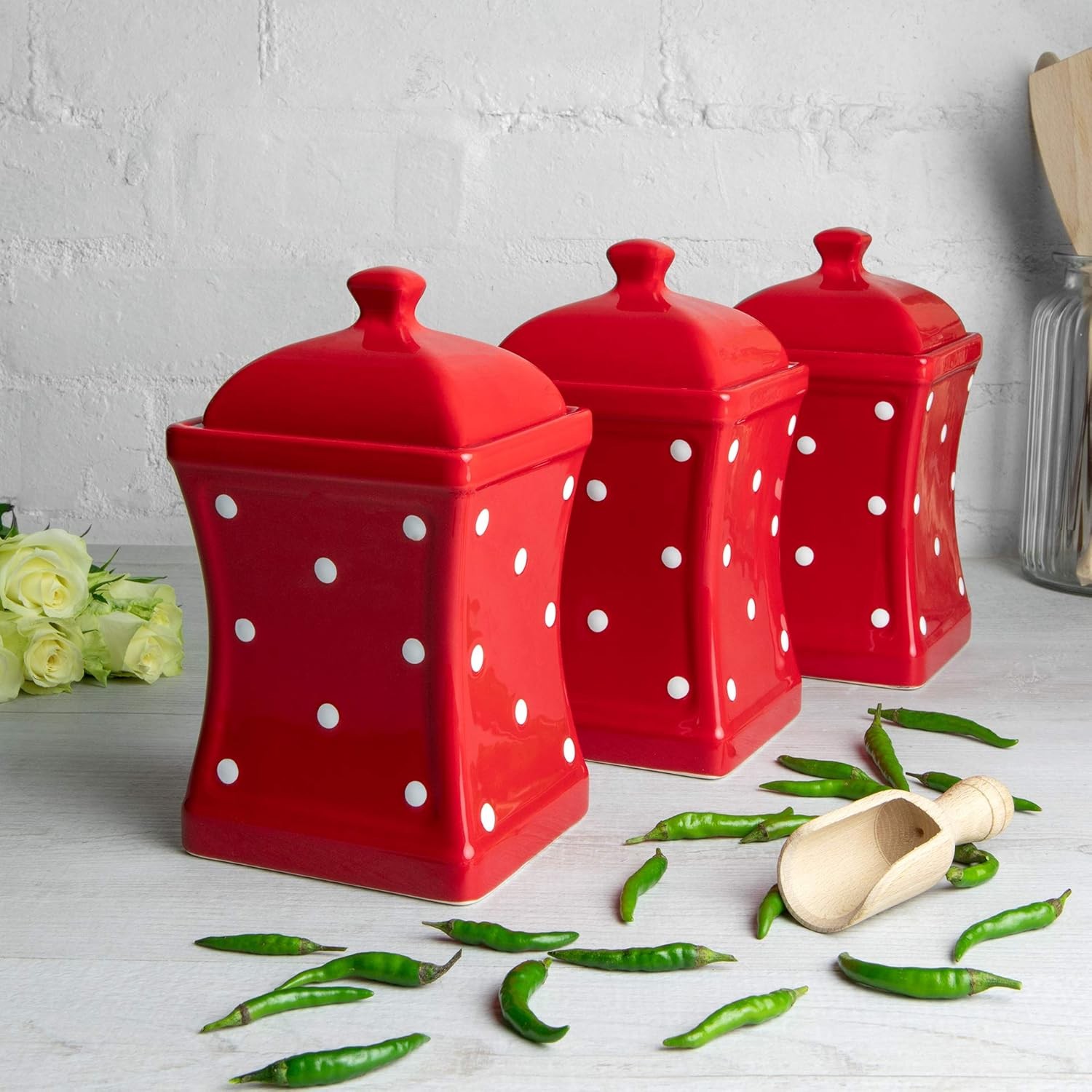 Red and White Polka Dot Handmade, 31.5oz/900ml Ceramic Kitchen Storage Jar Set