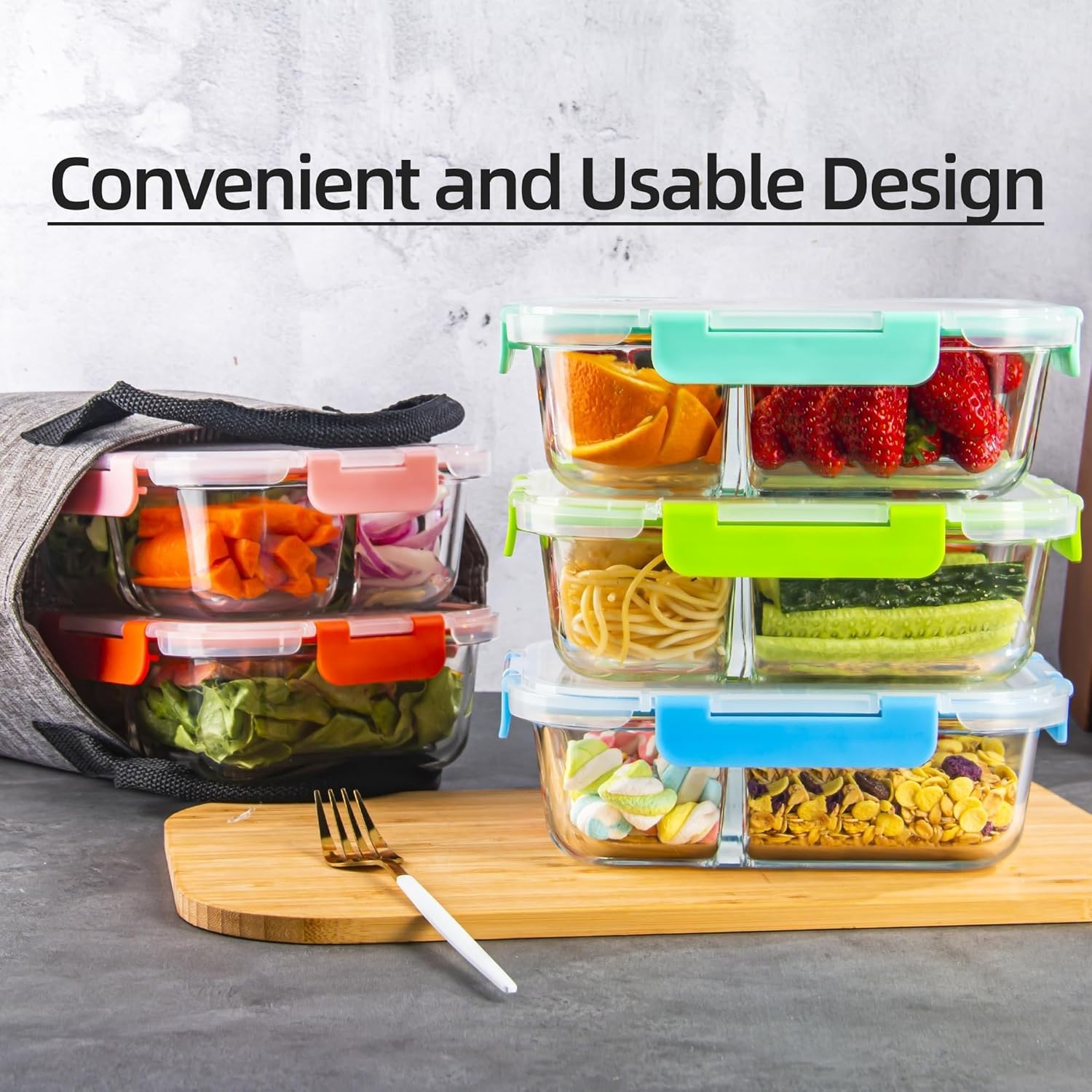 Glass Food Storage Containers 3 Compartment with Lids (5 Pack, 34oz), Divided Gl