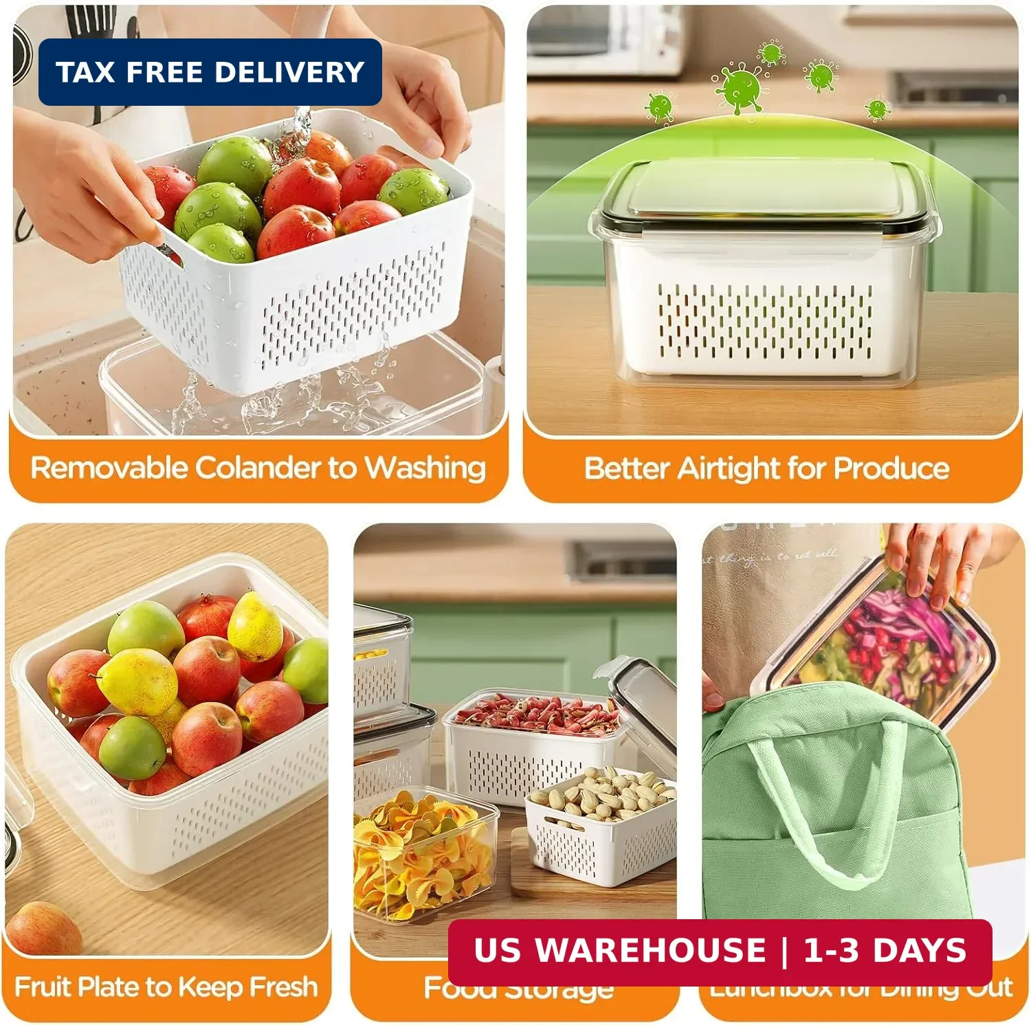 Best 5-Pack Fruit Storage Containers for Fridge with Removable Colanders 4 in 1