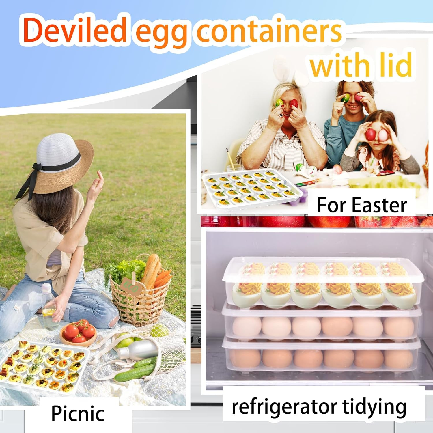3 Pack Deviled Egg Tray w/ Lid 72 Count Stackable Carrier