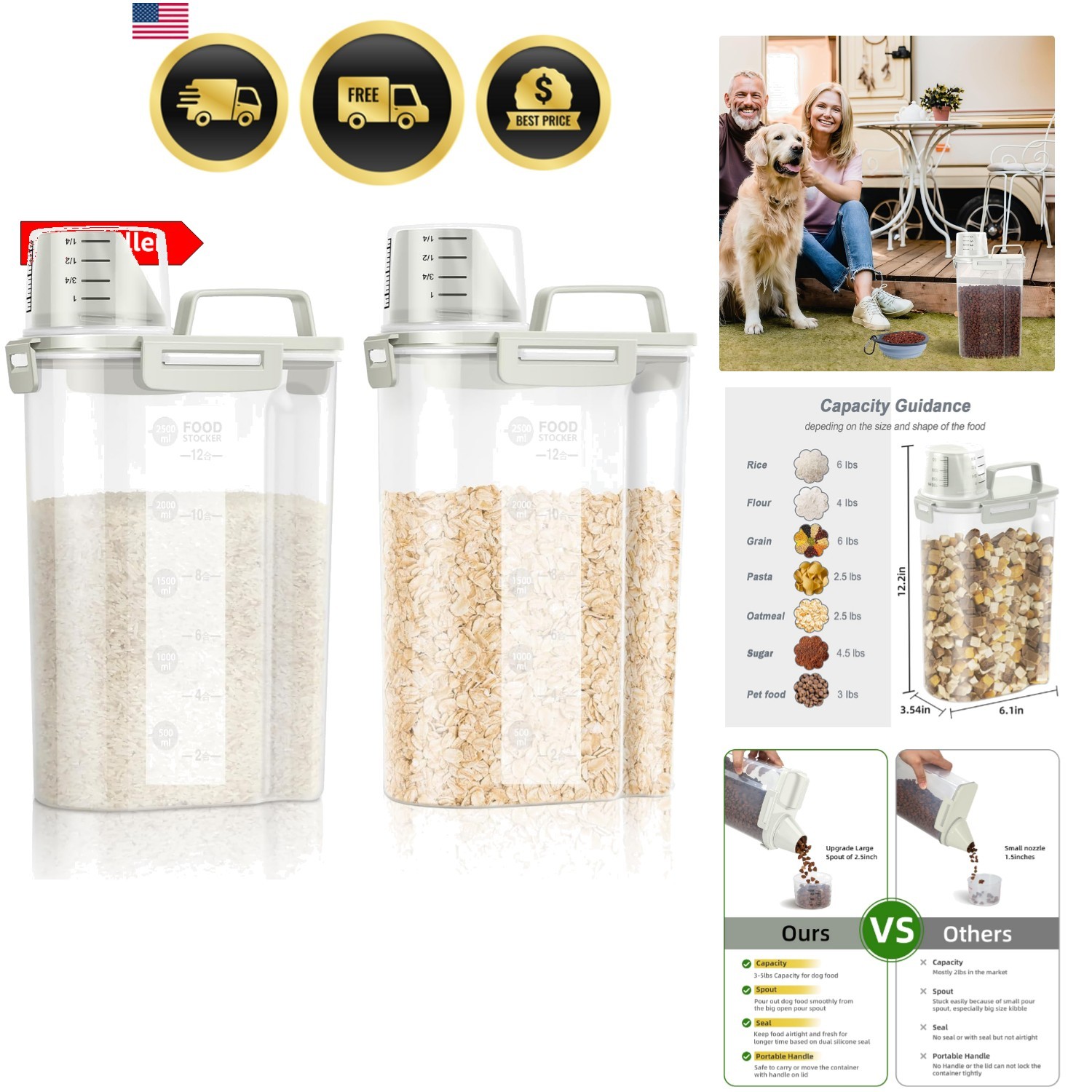 Airtight Rice Storage Container, 3.28Qt Cereal Dry Food Flour and Sugar Bin, …