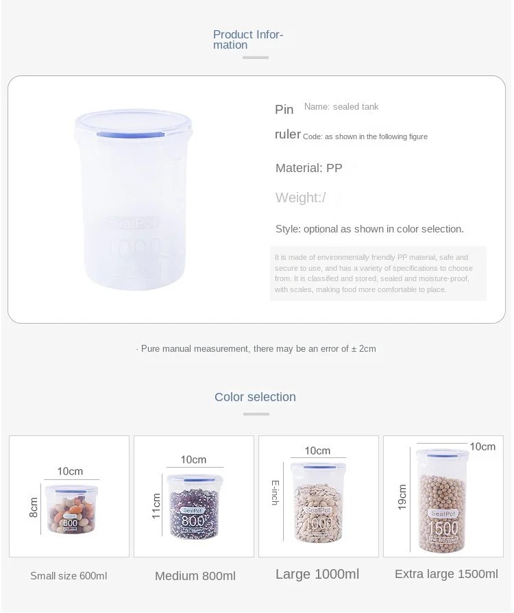 Airtight Grain Storage Container Clear Food Jar Kitchen Organizer 600-1500ML