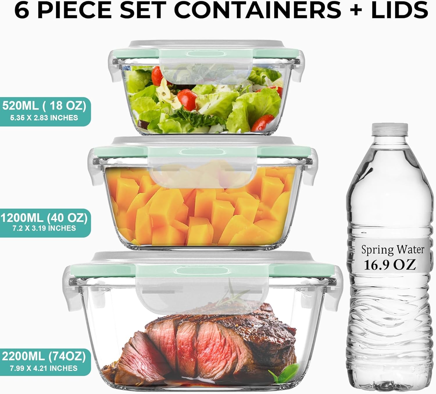 6 PC Square Glass Food Storage Containers W/ Airtight lids 74 40 & 18 oz Kitchen