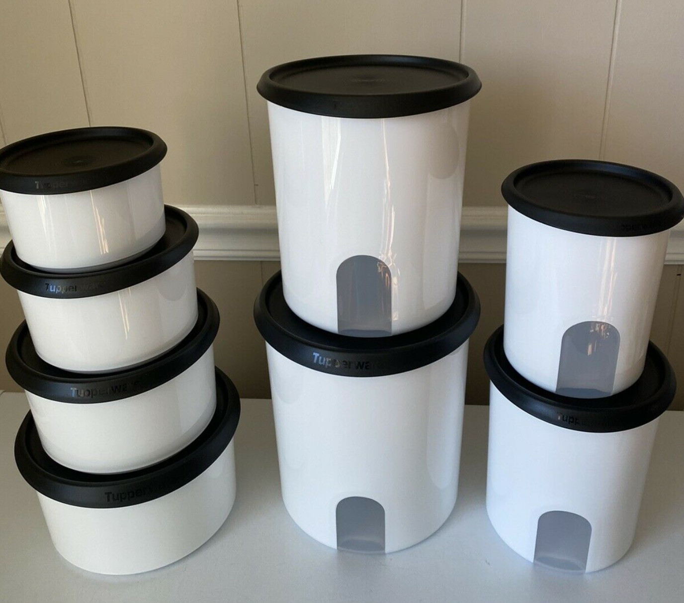 Tupperware Reminder Window Canisters & Toppers Set White w/ Black Seals Lids New