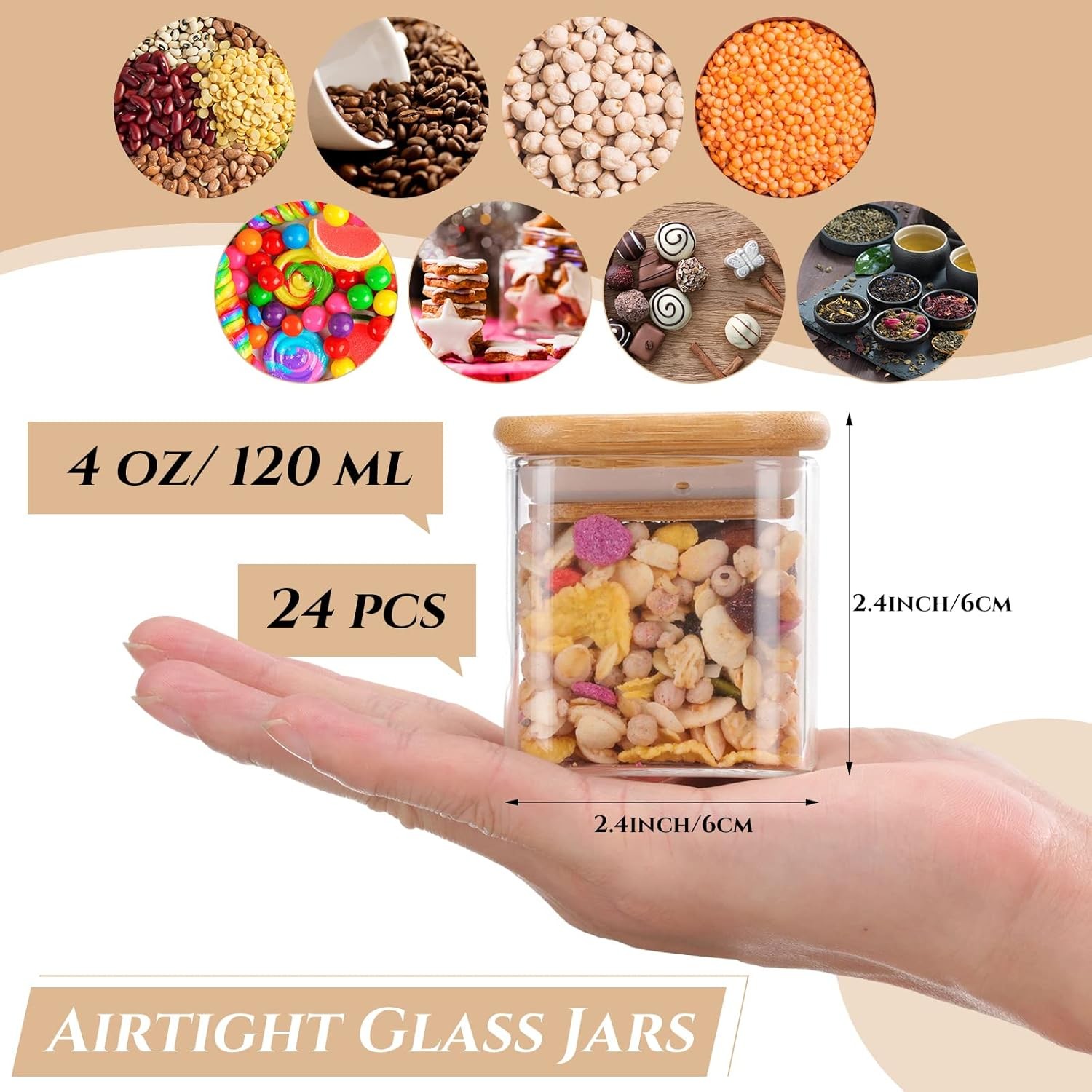 Set of 24 Airtight Square Spice Containers 4 oz Glass Spice Jars with Bamboo Lid