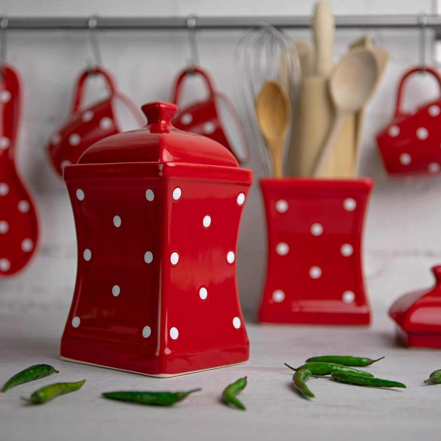 Red and White Polka Dot Handmade, 31.5oz/900ml Ceramic Kitchen Storage Jar Set