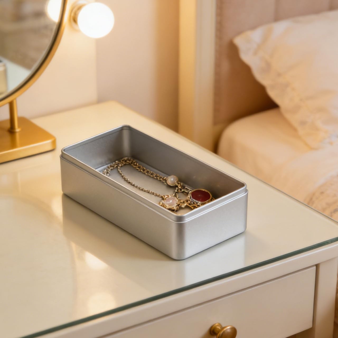 Rectangular Tin Box with Lid 9.25X4.33X2.55In Silver Tinplate Tea Leaves Cani…