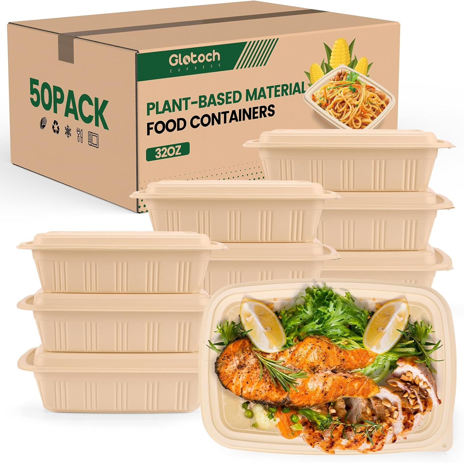 100 Piece (50 Pack) Meal Prep Containers with Lids,32 Oz Resuable Cornstarch Mat