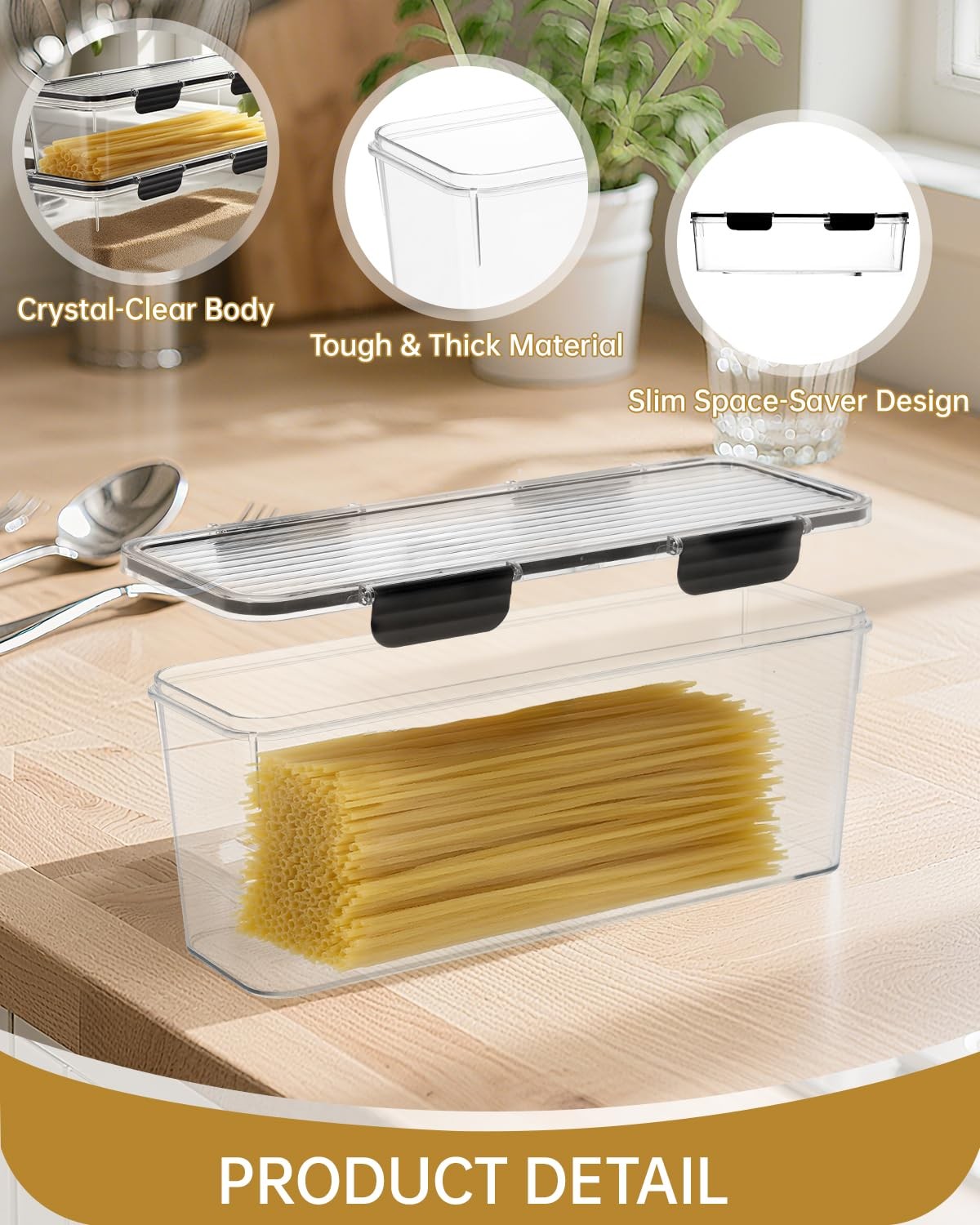 Set of 2 Spaghetti Pasta Storage Container with Lid, (3.6L/2.8L) Clear Kitche…