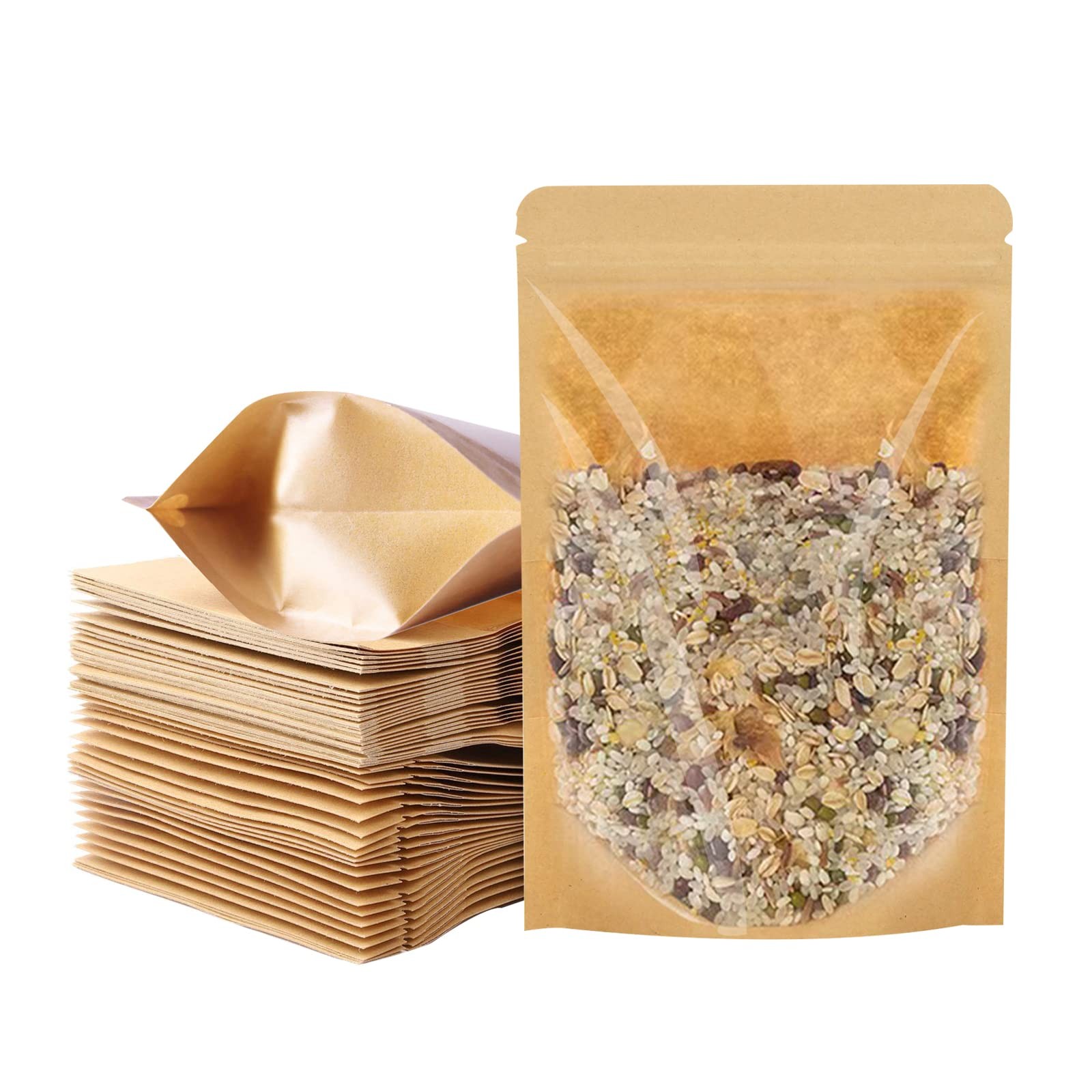 100 PCS Stand Up Pouches, 5.5 x 7.8 inch Kraft Food Bags with Clear Window, R…