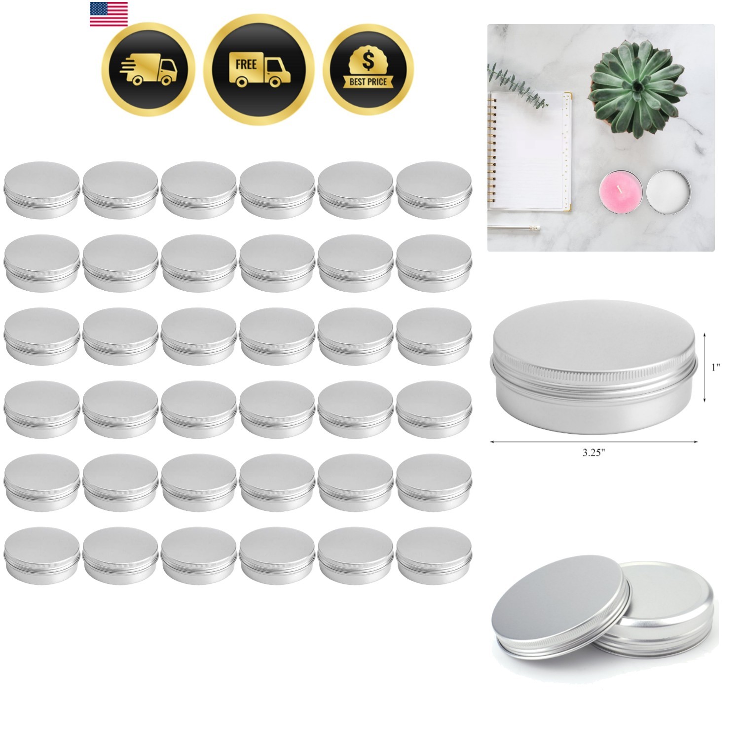 36 Pack 4 oz Round Tins with Lids, Aluminum Empty Storage Containers, 3.25 In…