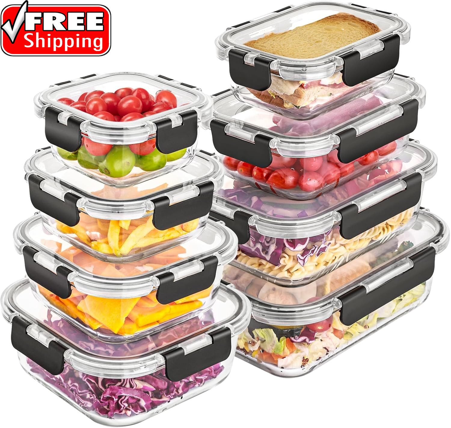 8 Pack Glass Food Storage Containers with Lids, Meal Prep Containers, Airtight B