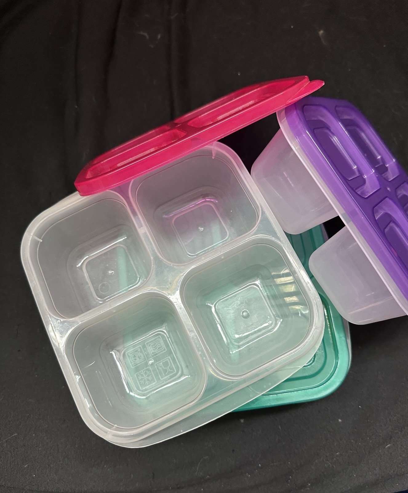 3-Pack Clear Plastic 4-Compartment Snack Containers, Snap Lids, 7 oz