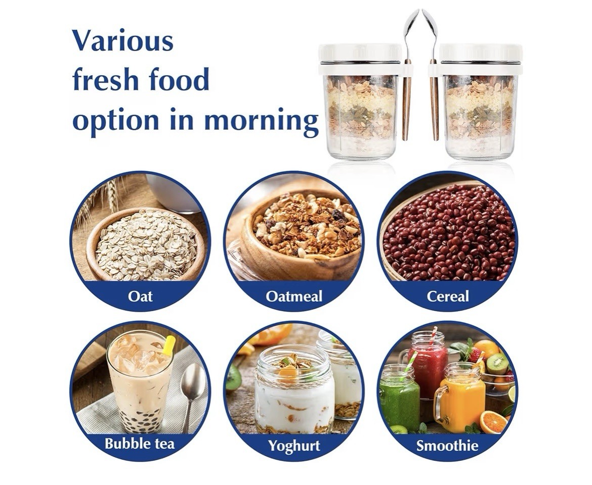 2pk Overnight Oats Jars with Spoons and Lids, 16 Oz, Oats Yogurt Fruit Storage