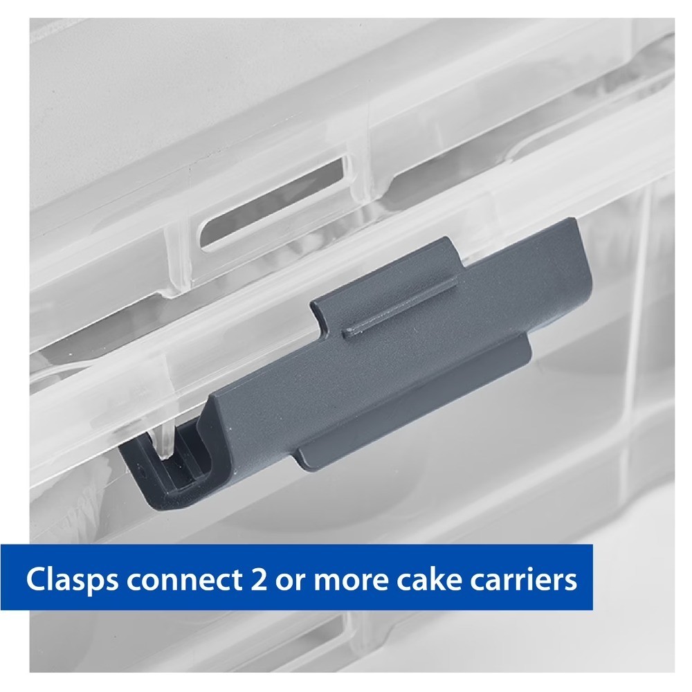 Clear Plastic Rectangular Dessert Carrier with Dark Gray Handle and Clasps