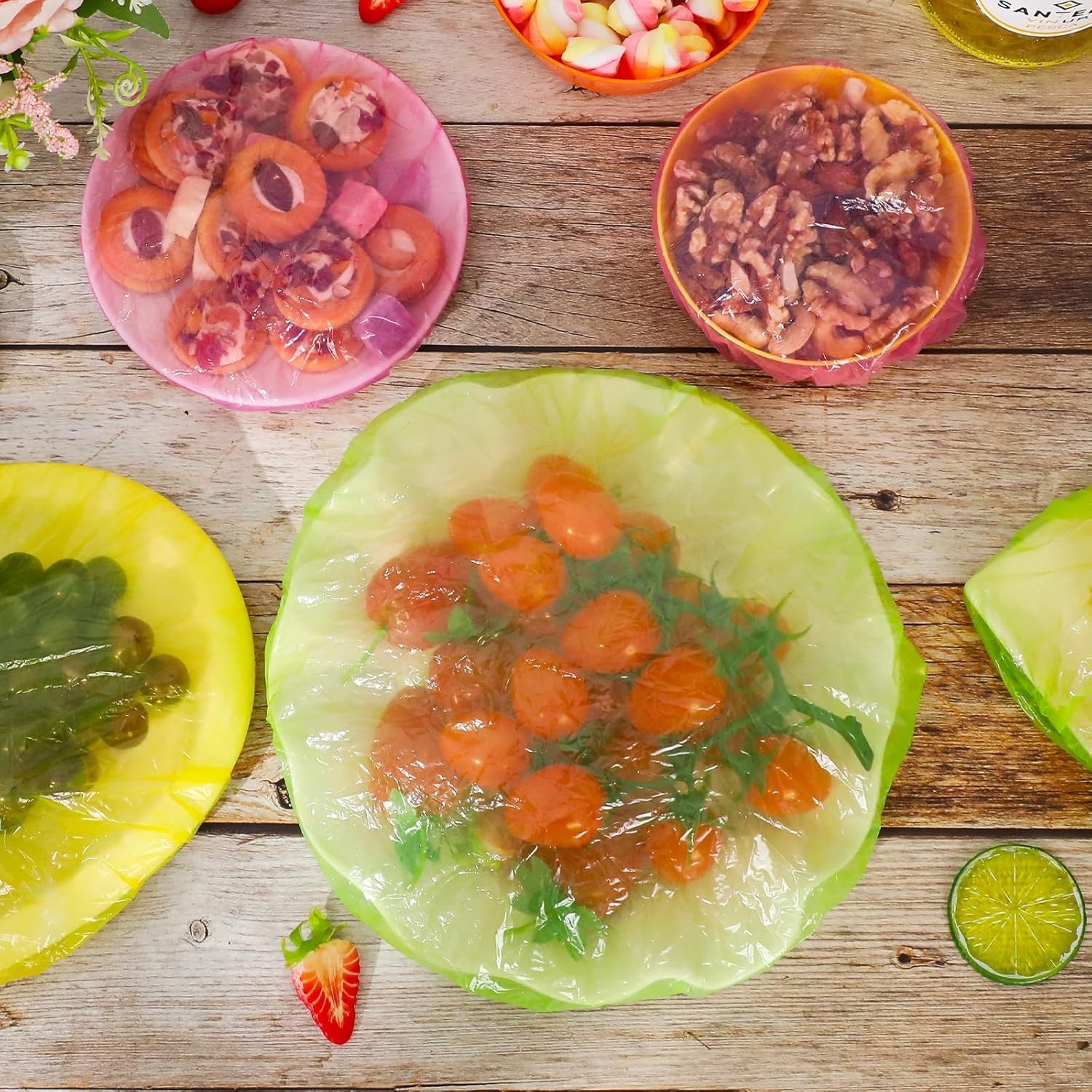 Reusable Bowl Covers Set of 60 Plastic Elastic Food Wraps for Outdoor Picnics