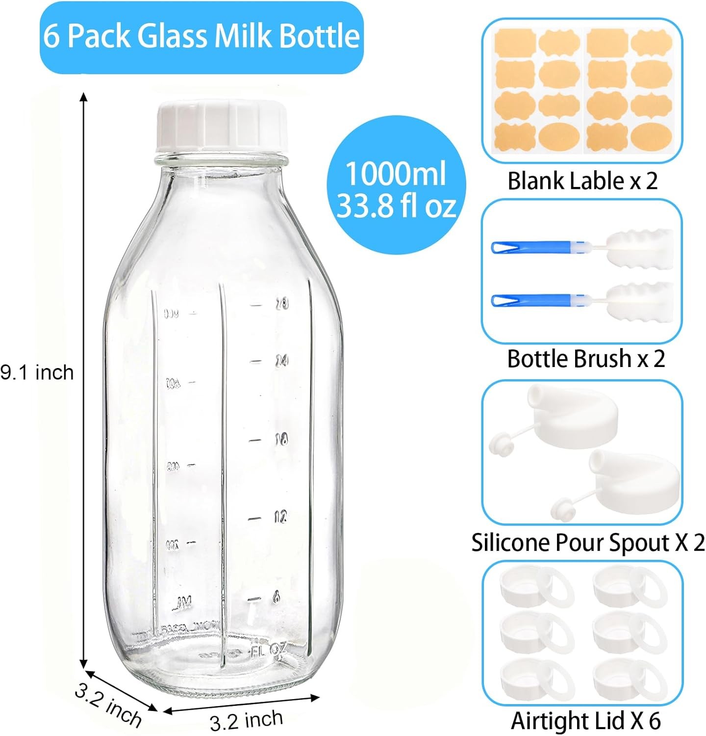 6 Pack Liter Glass Milk Bottles with Airtight Screw Lid, 32 Oz Reusable Glass…
