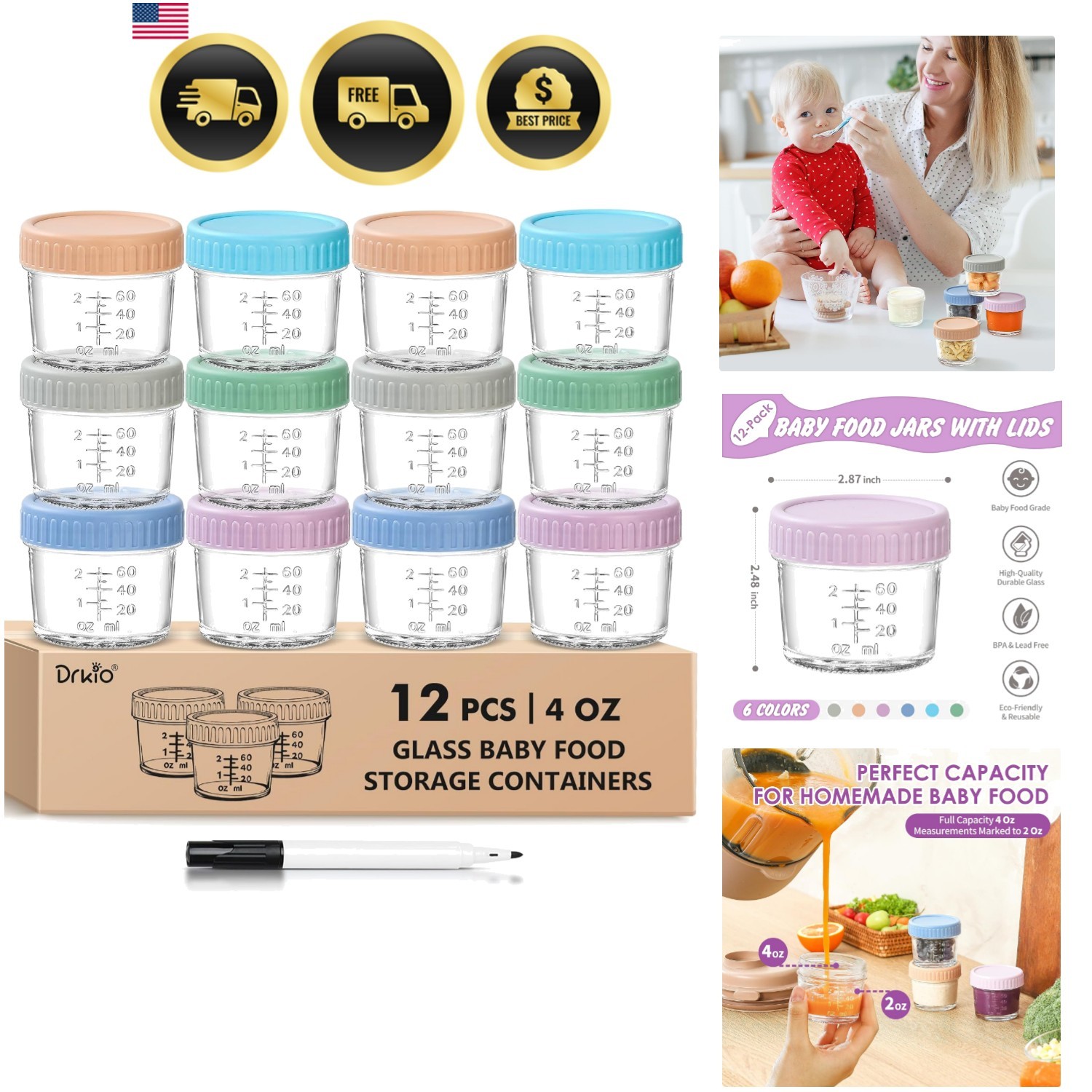 Baby Food Storage Containers Glass Leak Proof BPA Free Reusable 4 Oz 12 Pack