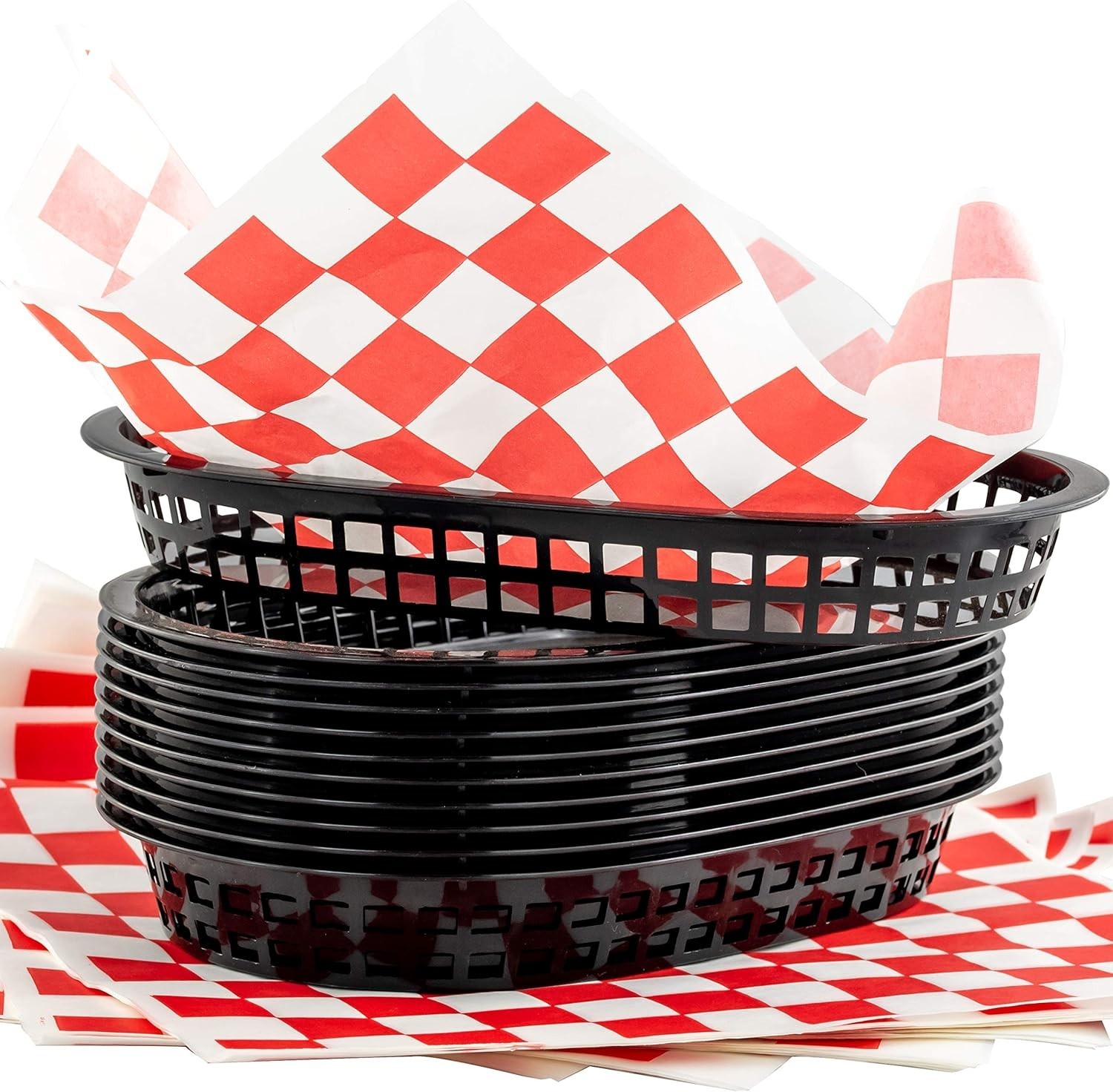 Classic Black Fast Food Baskets with Disposable Checkered Liners – 12 Piece Set