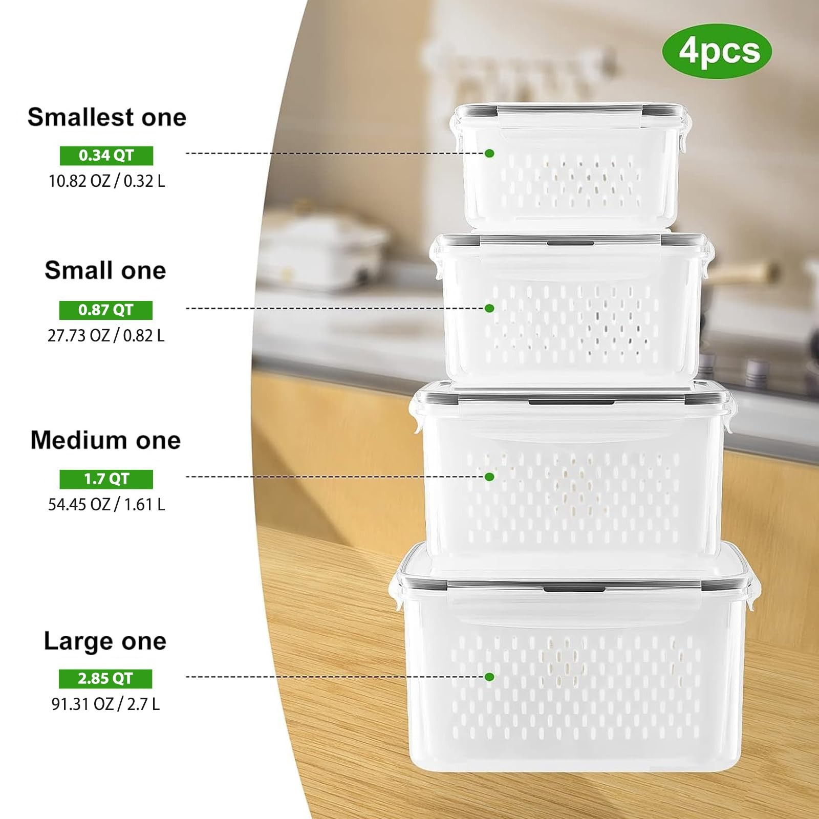 Fruit Storage Containers for Fridge with Removable Colander, Airtight Food St…