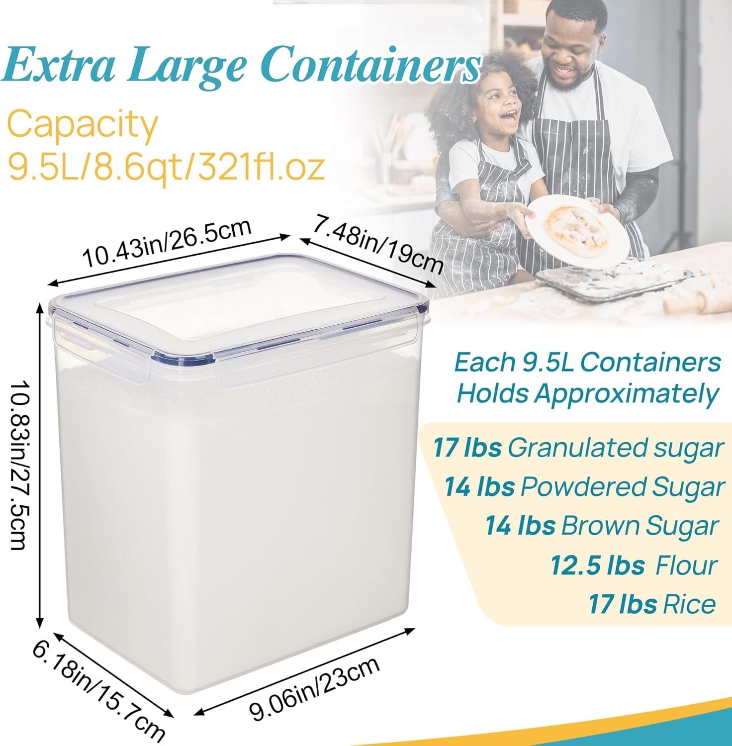 9.5L 2 Pack Extra Large Flour Sugar Storage Containers, Each for 12.5 lbs flo…