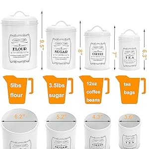 Set of 4 Kitchen Canisters with Airtight Lids, Coffee Tea Sugar Flour Tin Jars