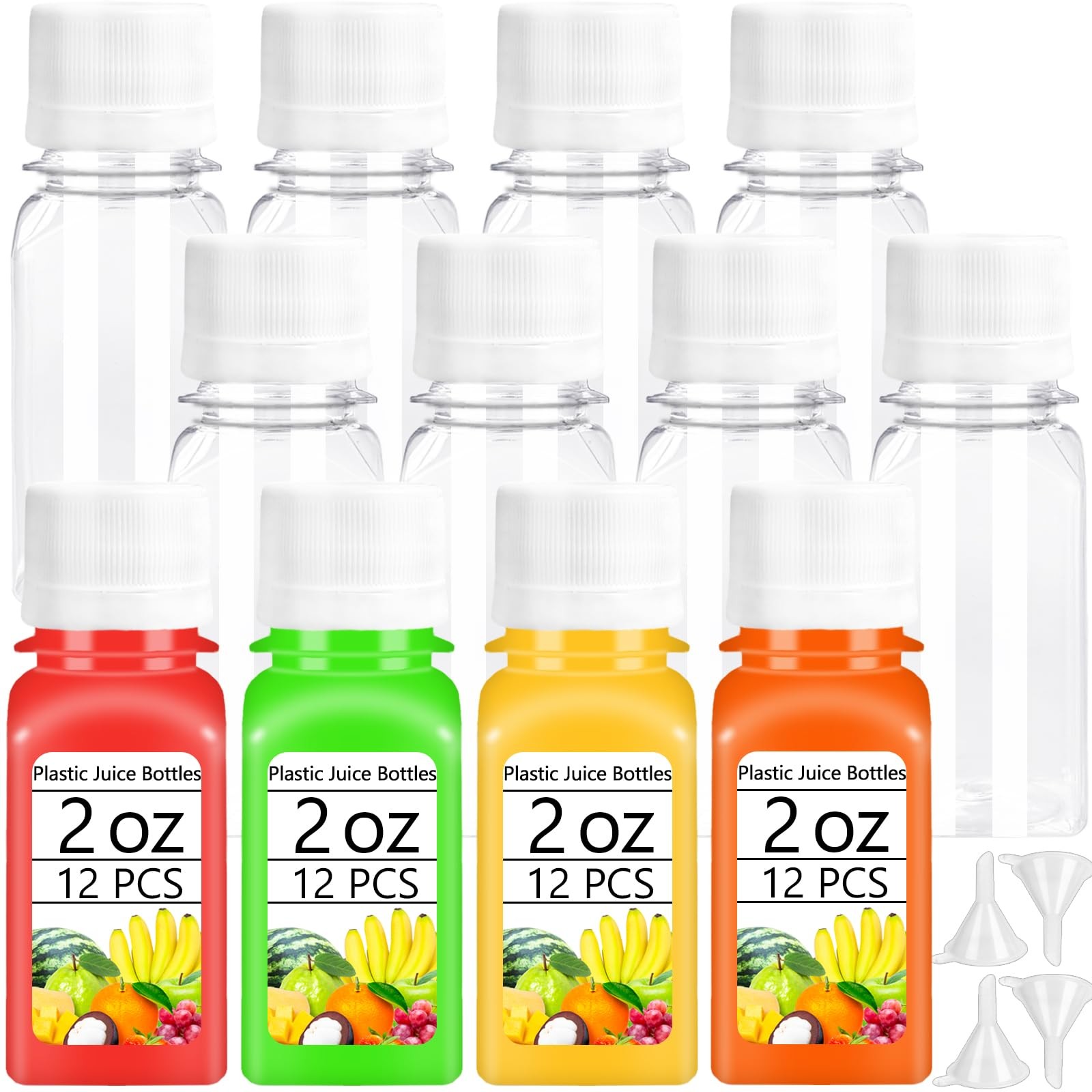 12 PCS 2 oz Mini Clear Plastic Empty Juice Ginger Shot Bottles 4 Funnels
