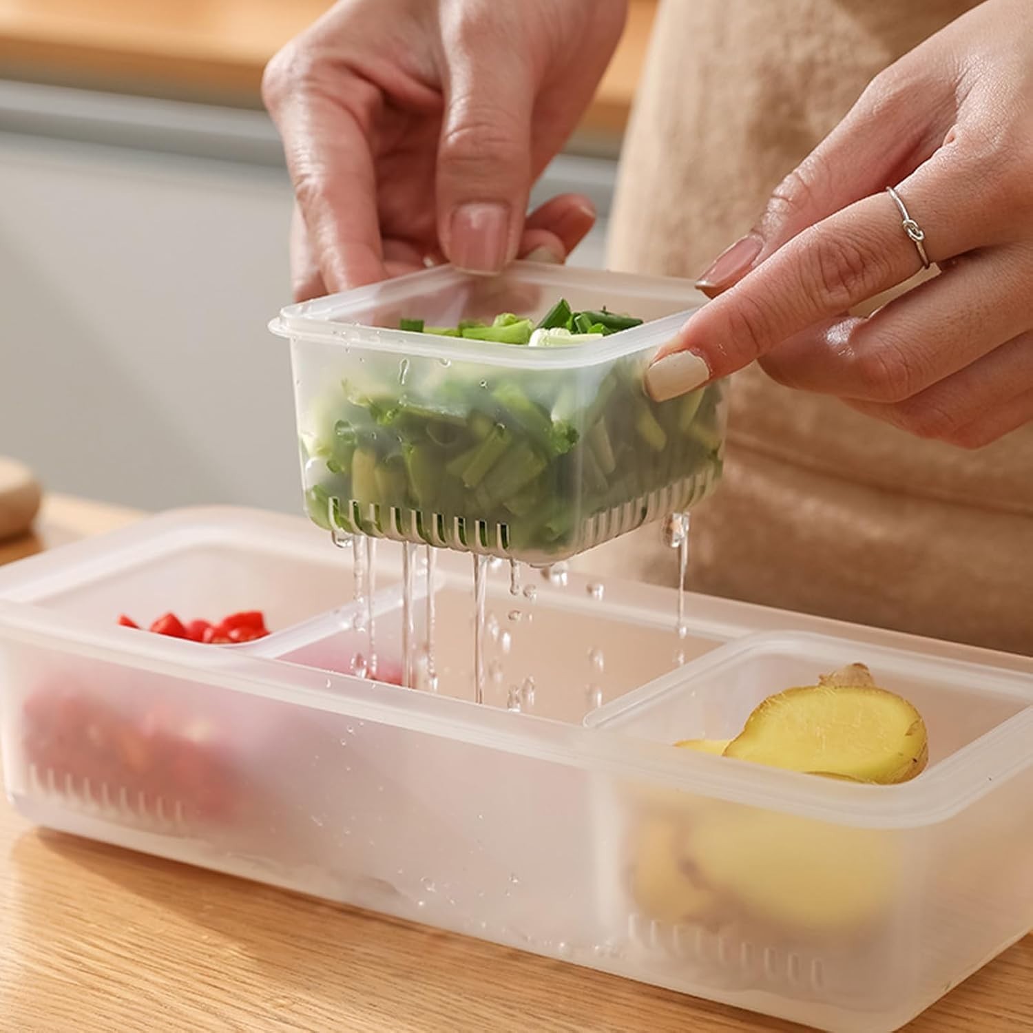 1 Pcs Food Storage Container, with Sealed Lid Drainer 3 Compartments Divided …