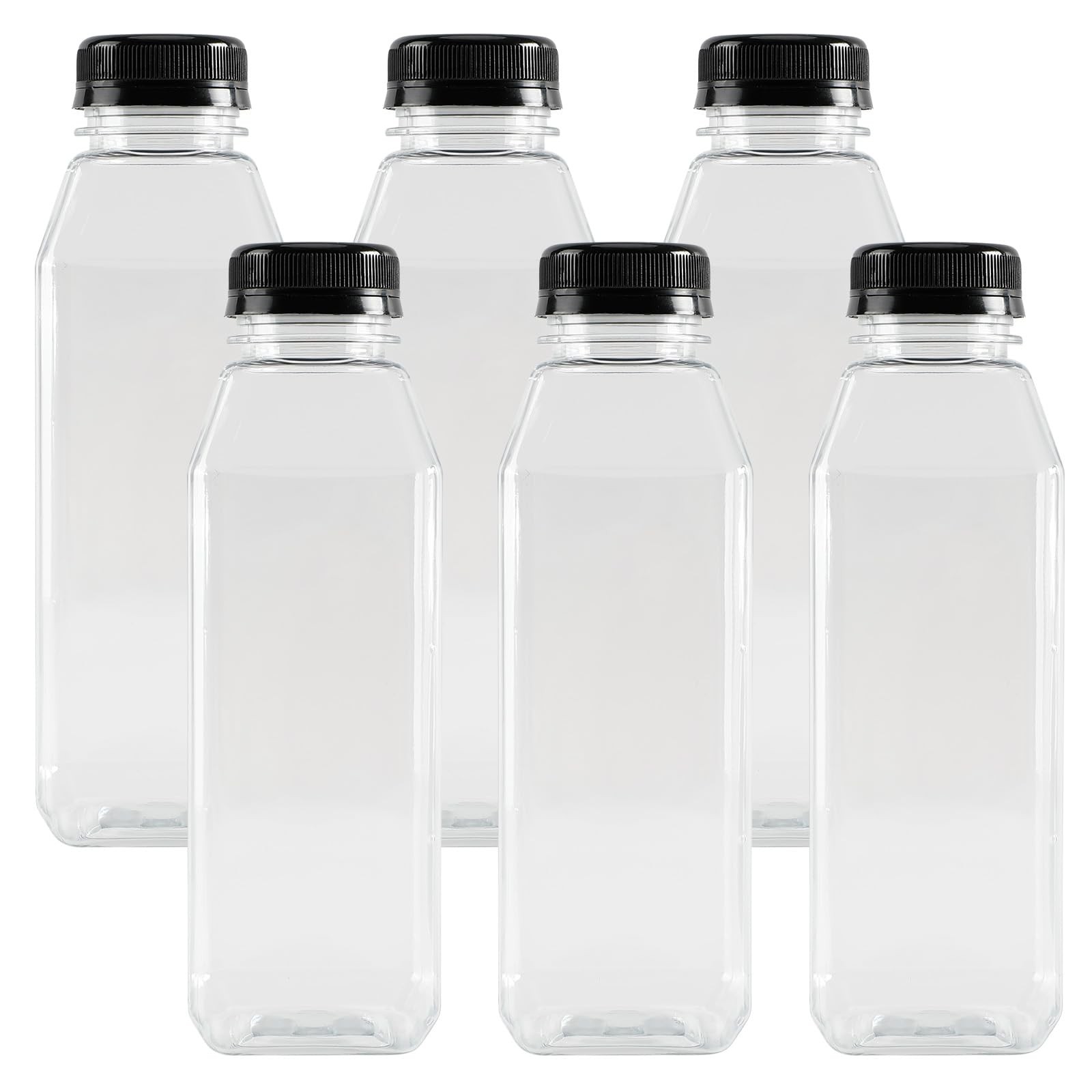 6 PCS 16oz Plastic Juice Bottles With Black Tamper Resistant Lids Clear