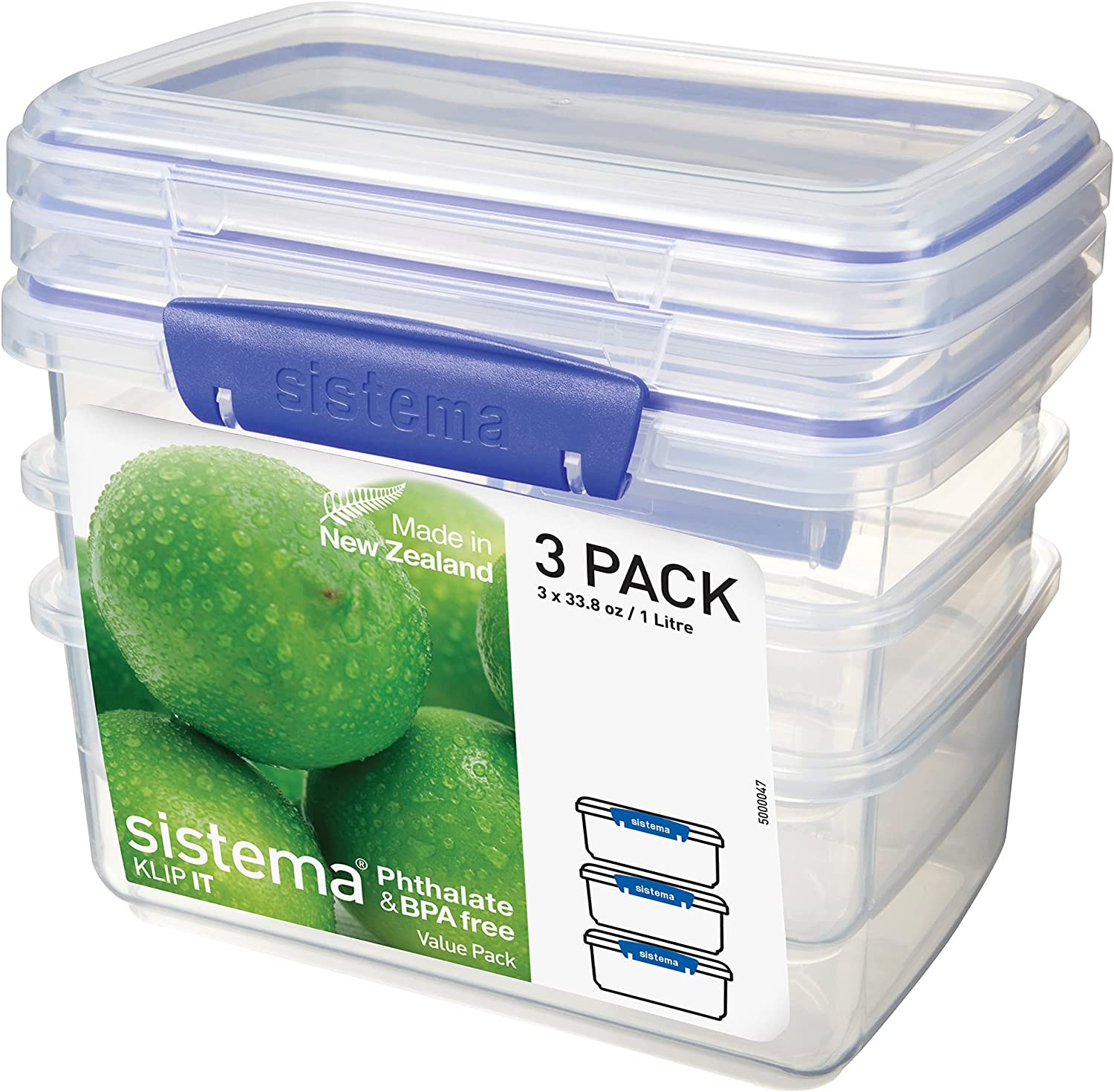 KLIP IT Rectangular Collection Food Storage Container, 33.8 oz./1.0 L, Clear/Blu