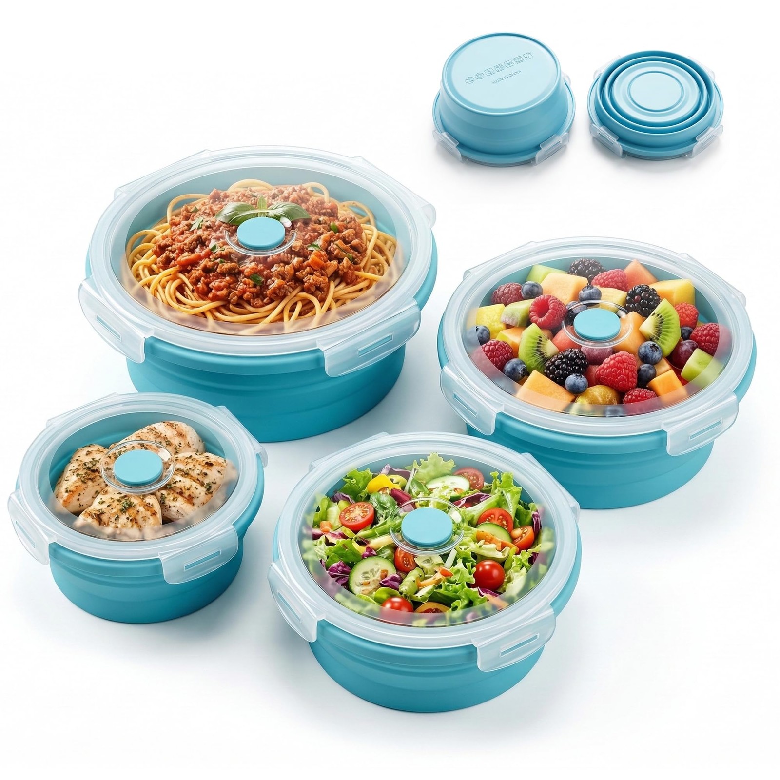 4-Pack Silicone Collapsible Meal Prep Containers with Lids, Bento Lunch Set i…