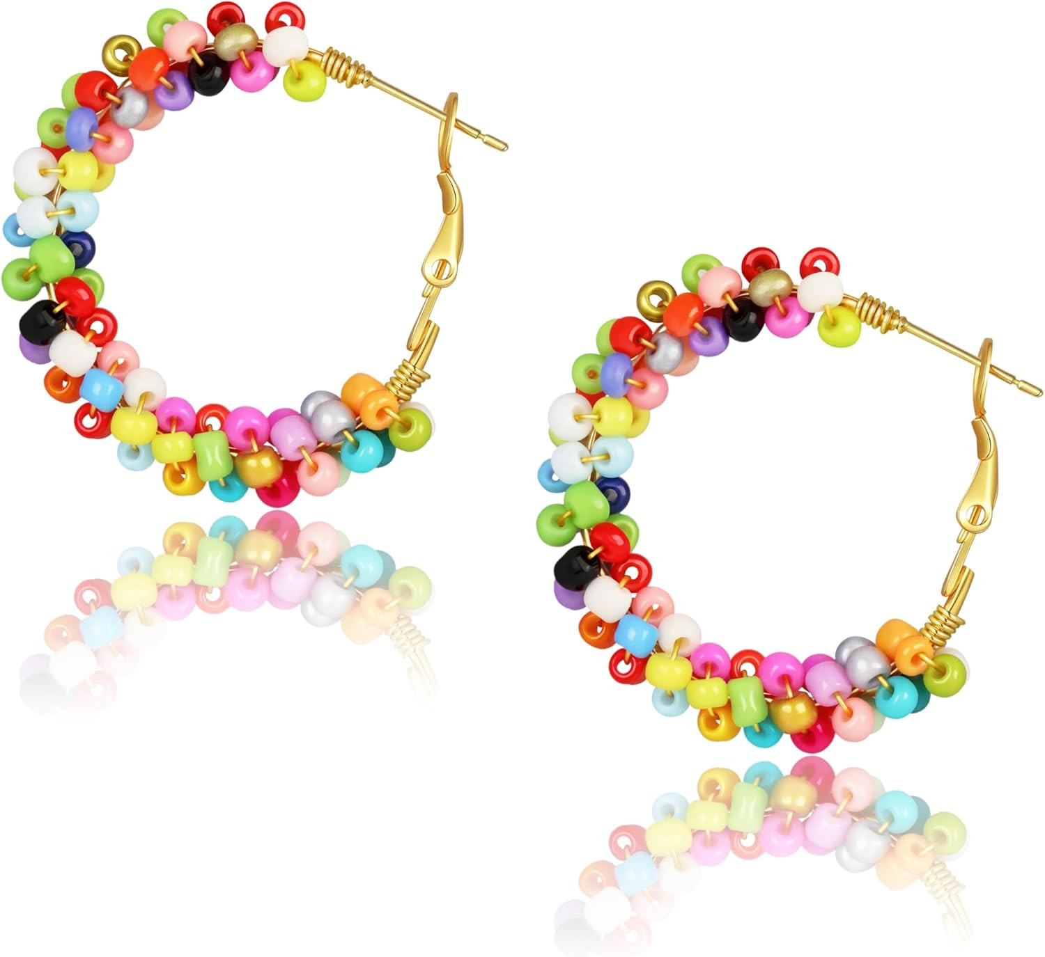 Colorful Fun Beaded Earrings for Women，Boho Flower Hoop Earrings，Exquisite Handm
