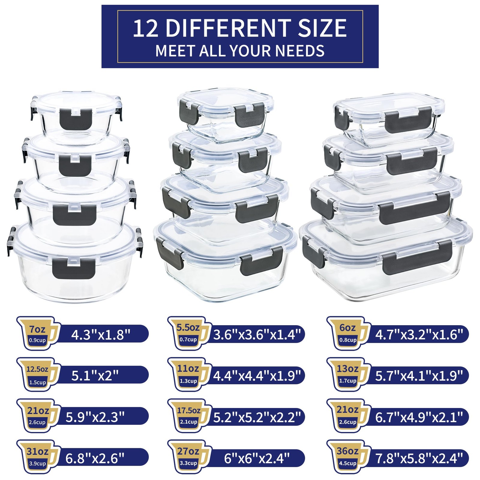 12-Pack Glass Storage Containers with Lids, Glass Meal Prep Containers Set, A…