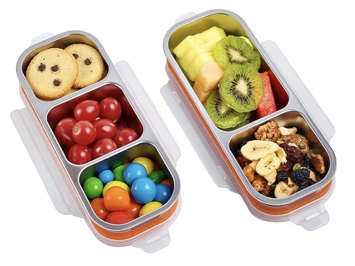 2PAC Stainless Steel Snack Containers for Kids,3 Compartments Metal SnackPackBox