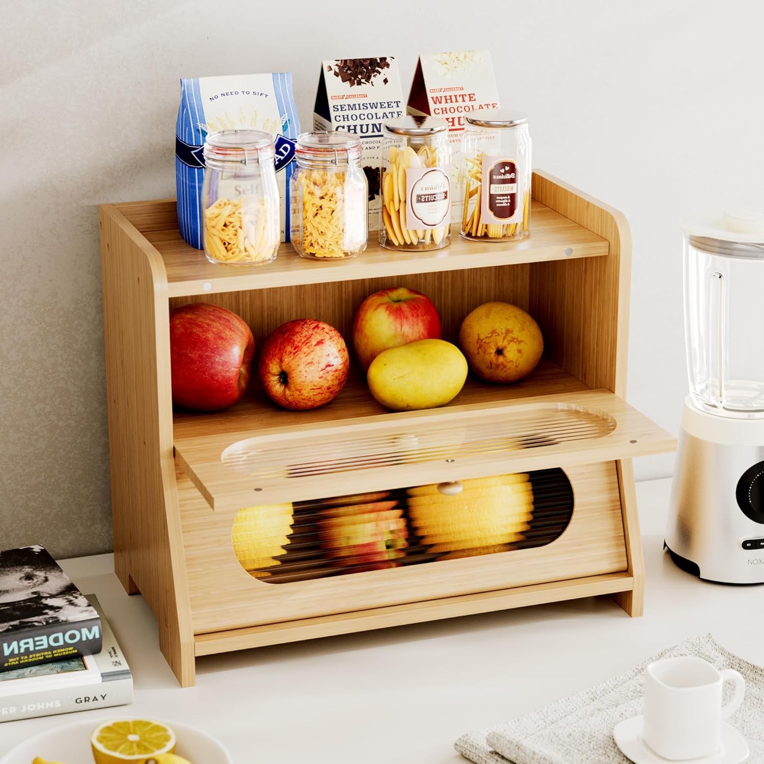 Bread Box,Extra Large 2-Tier Bamboo Bread Box for Kitchen Countertop,Bread