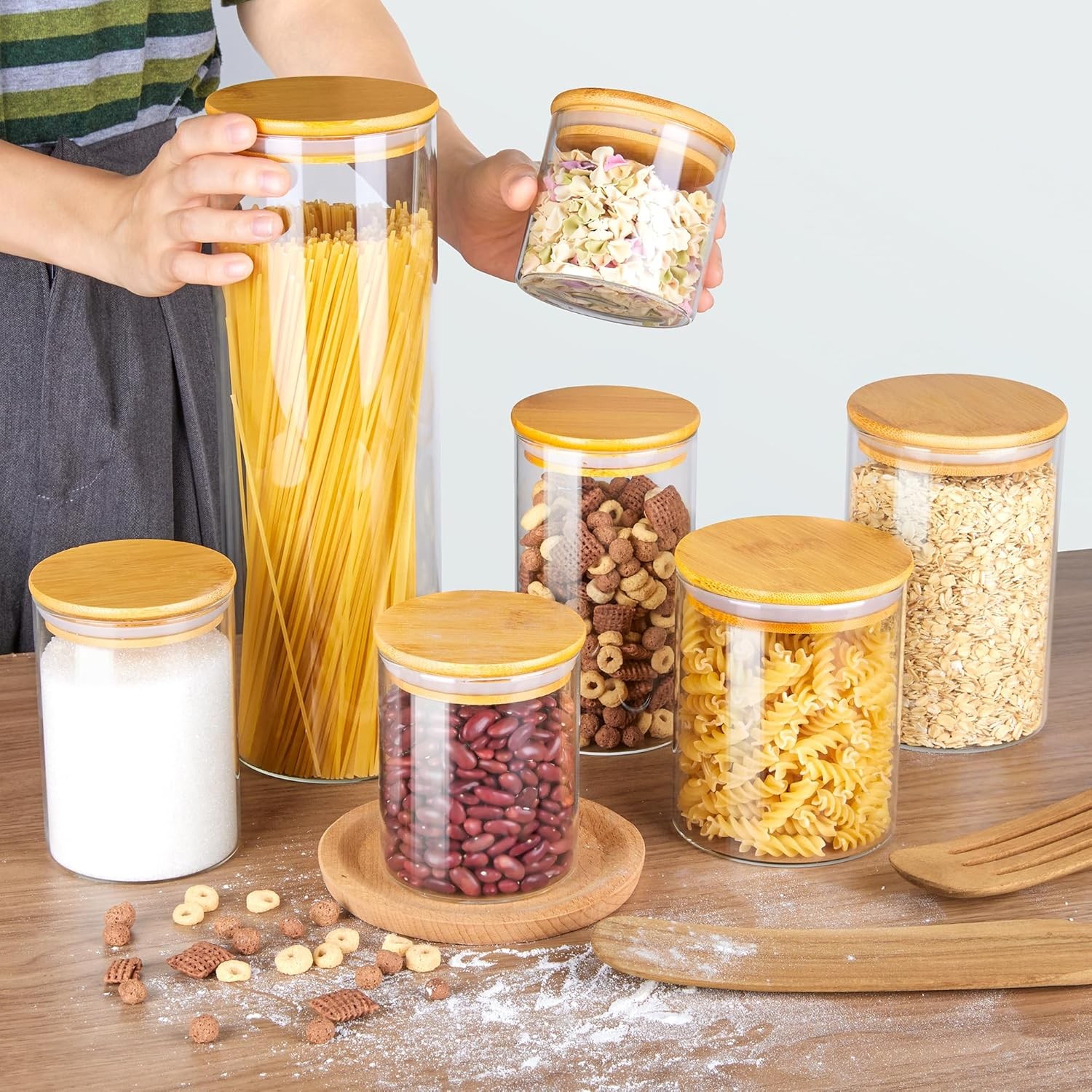 Vtopmart 7 Pack Glass Food Storage Jars with Airtight Bamboo Lids, Pantry Set