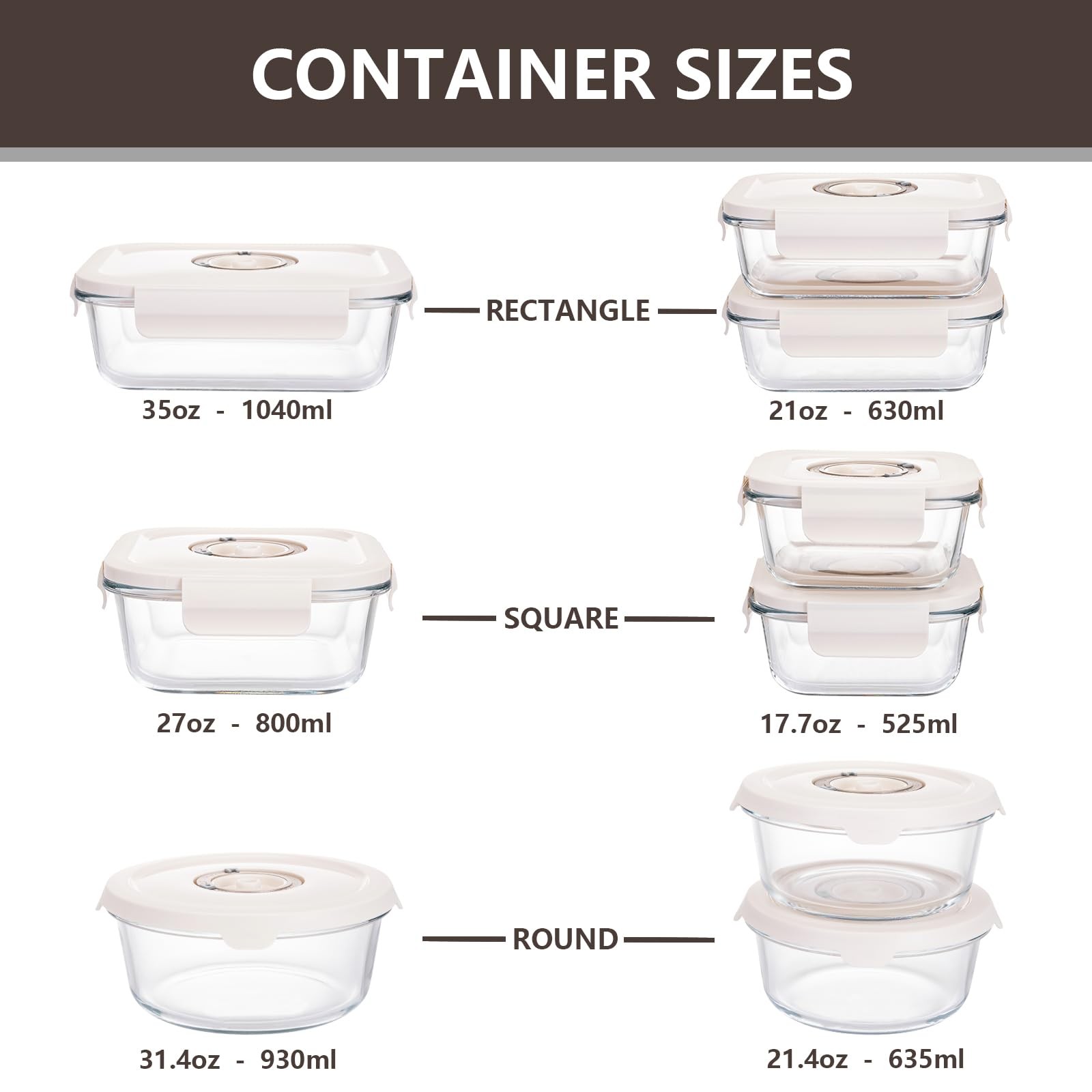 – Glass Vacuum Sealable Container Set – 9 Pieces, 6 Sizes, Hand Pump, 10 Bags