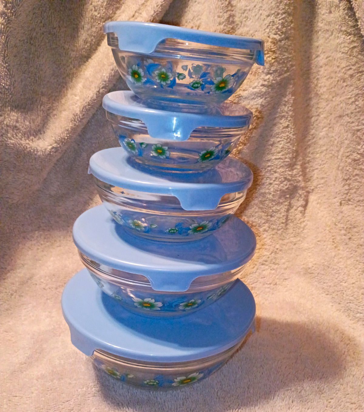 Vintage Durable Imperial 5 piece Nesting Glass Bowl Set w/ Blue Lids Small